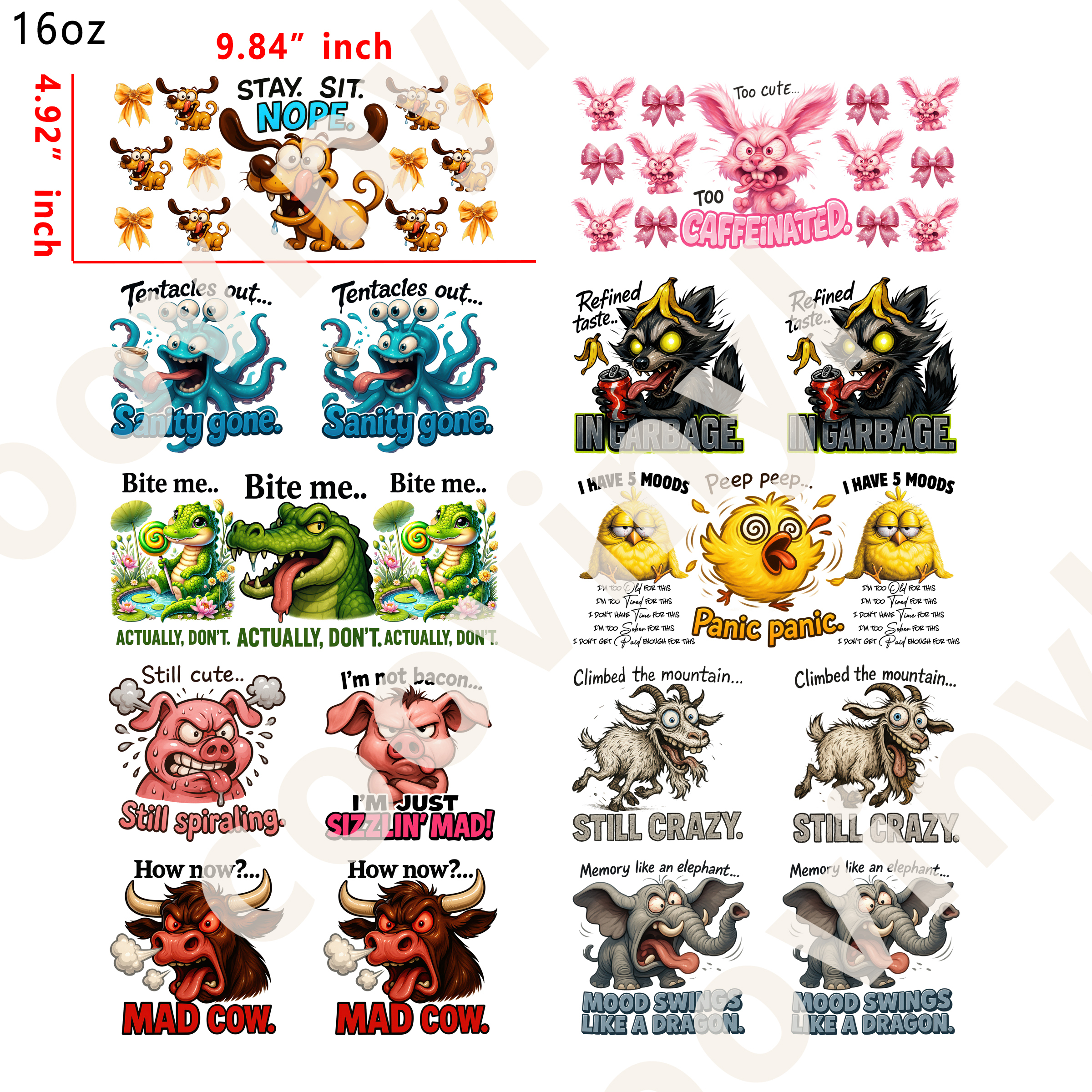 20 PCS Satirical Animals cup wraps 16OZ tumbler water proof