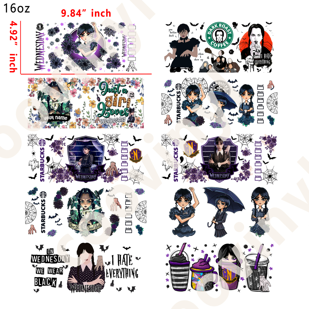 10 PCS WEDNEADAY cup wraps 16OZ tumbler water proof