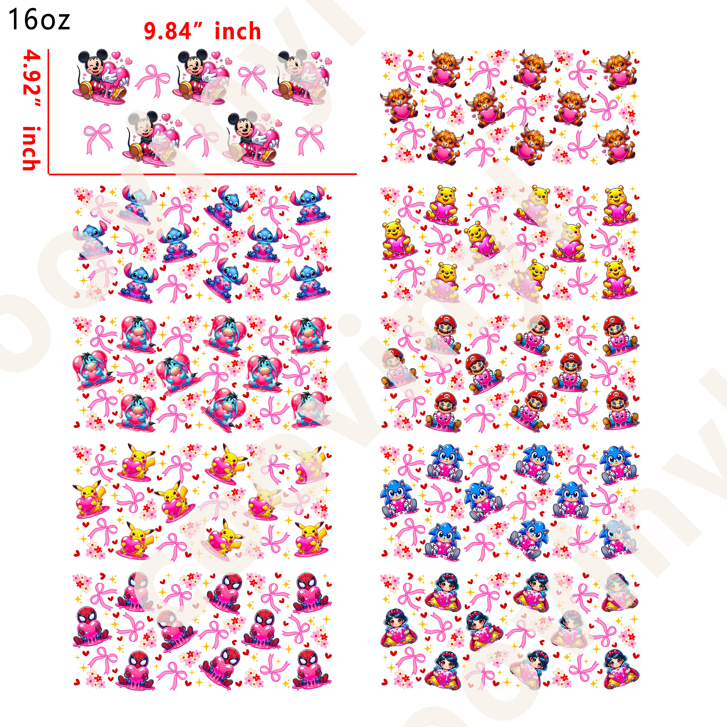 10 PCS Bow cartoon cup wraps 16OZ tumbler water proof