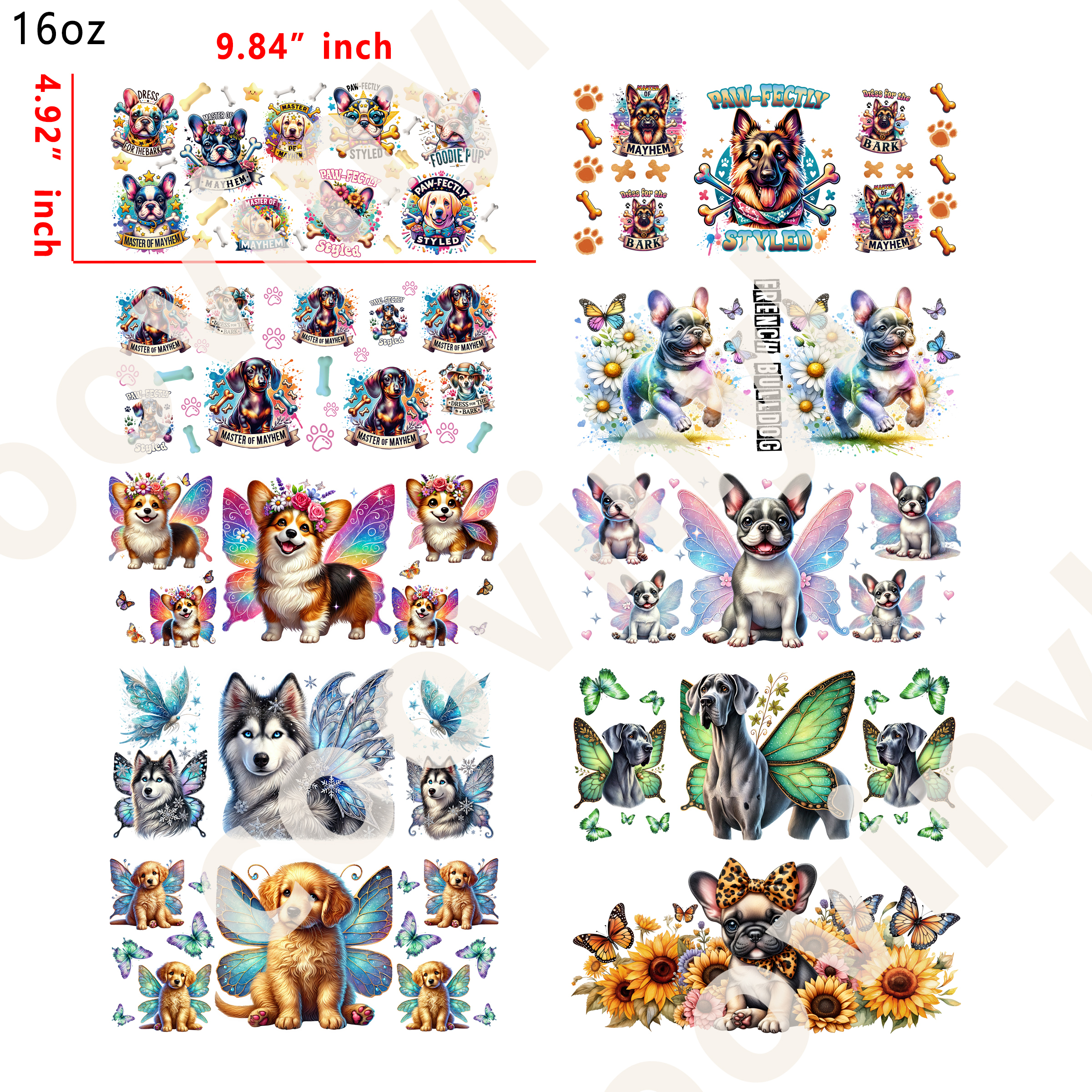 20 PCS Animals Dog cup wraps 16OZ tumbler water proof
