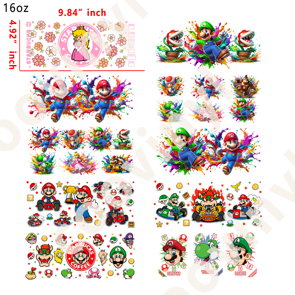 20 PCS Mario cup wraps 16OZ tumbler water proof