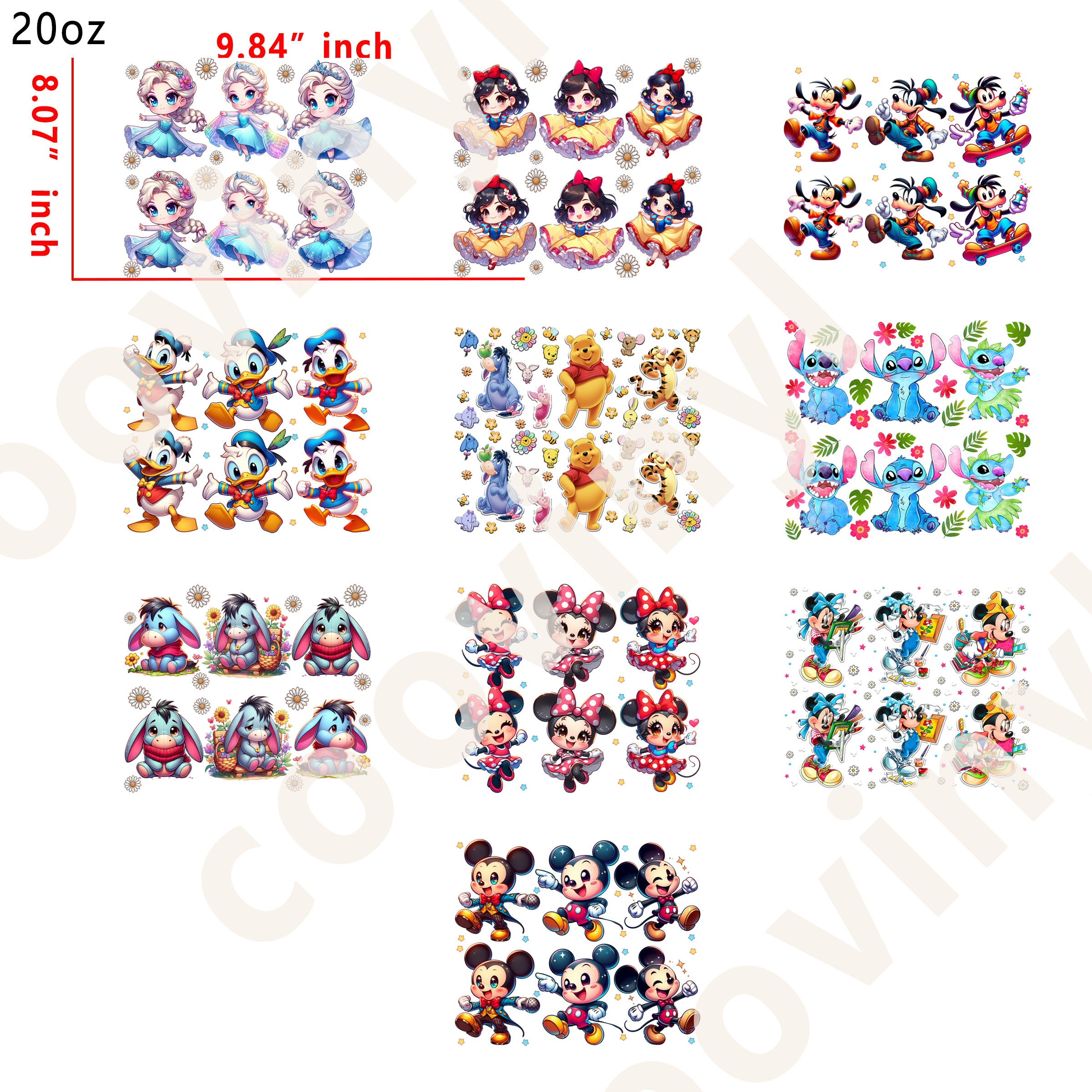 10 PCS Disney Mix cup wraps 20OZ tumbler water proof