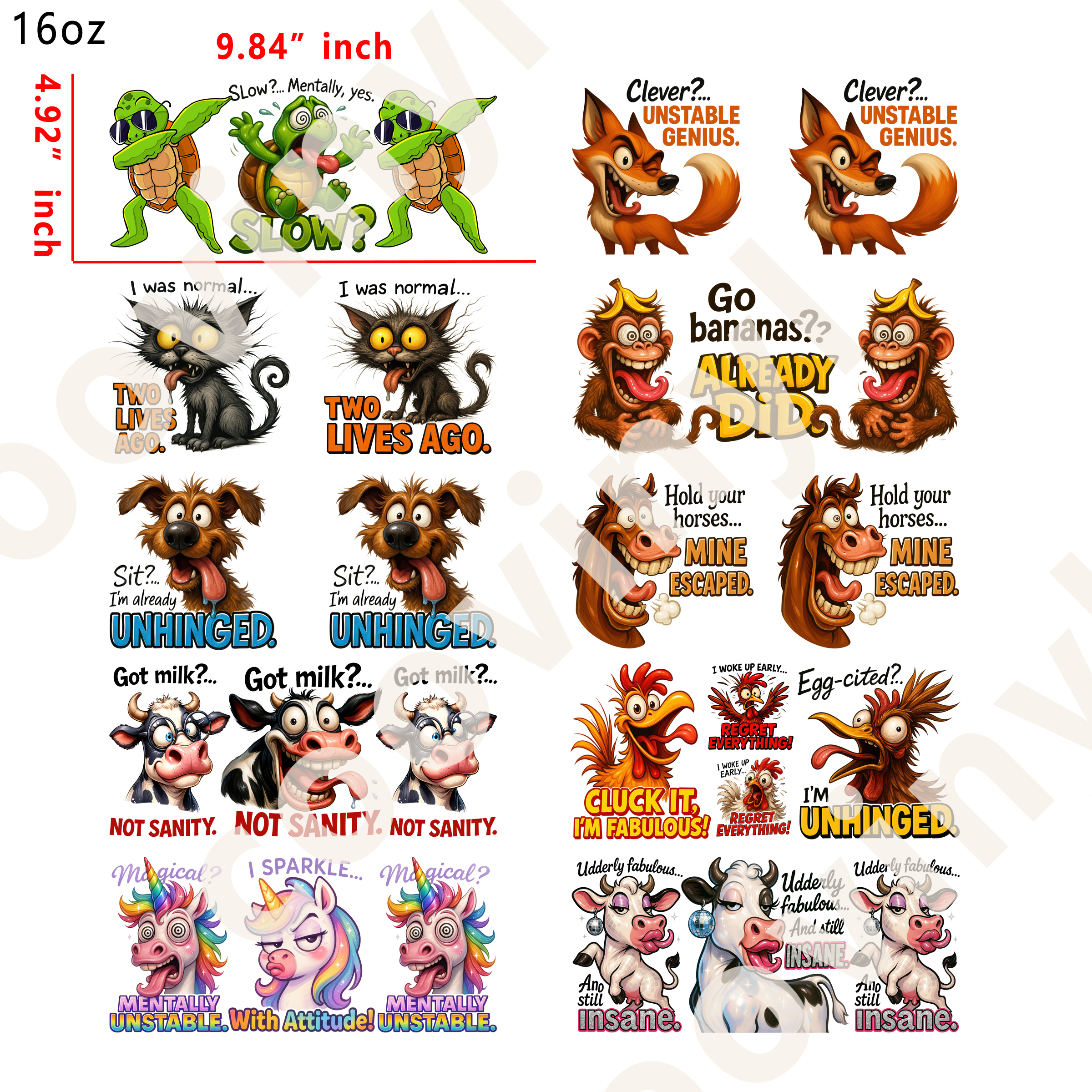 20 PCS Satirical Animals cup wraps 16OZ tumbler water proof