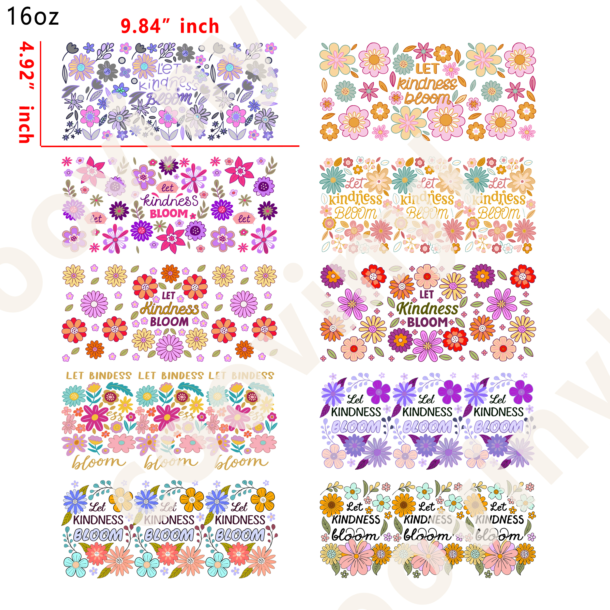 10 PCS Colorful flower cup wraps 16OZ tumbler water proof