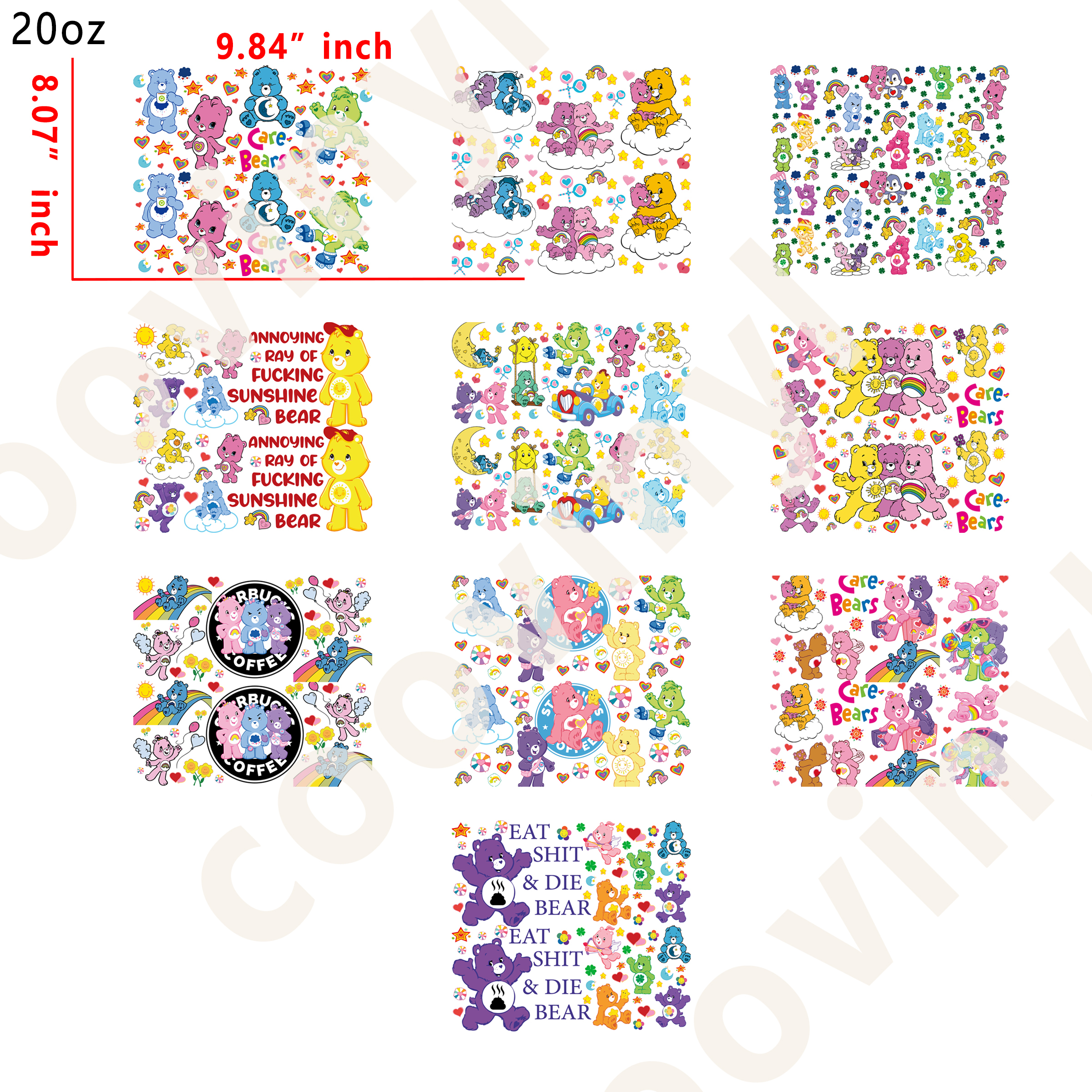 10 PCS Carebear cup wraps 20OZ tumbler water proof