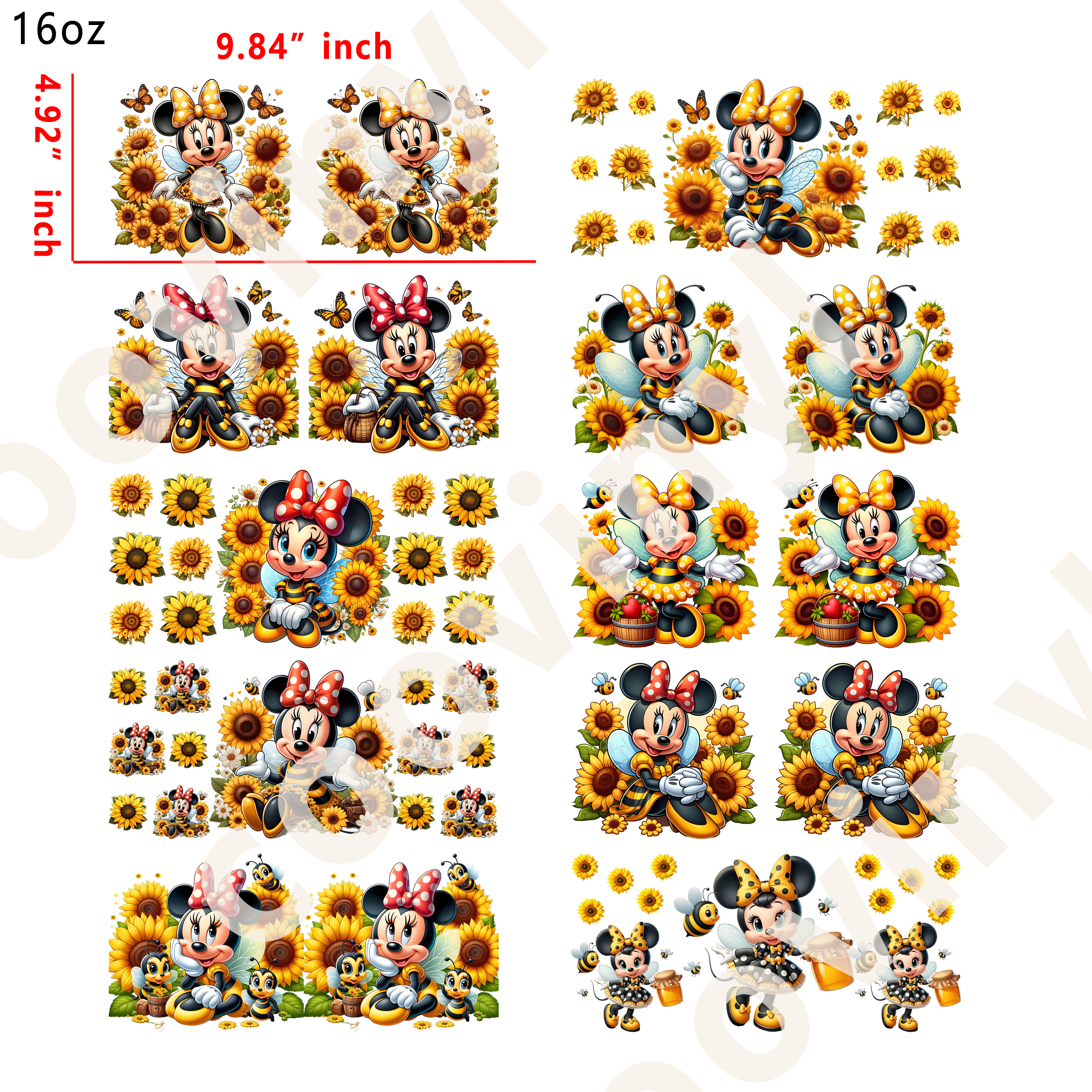 10 PCS Sunflower Minnie cup wraps 16OZ tumbler water proof