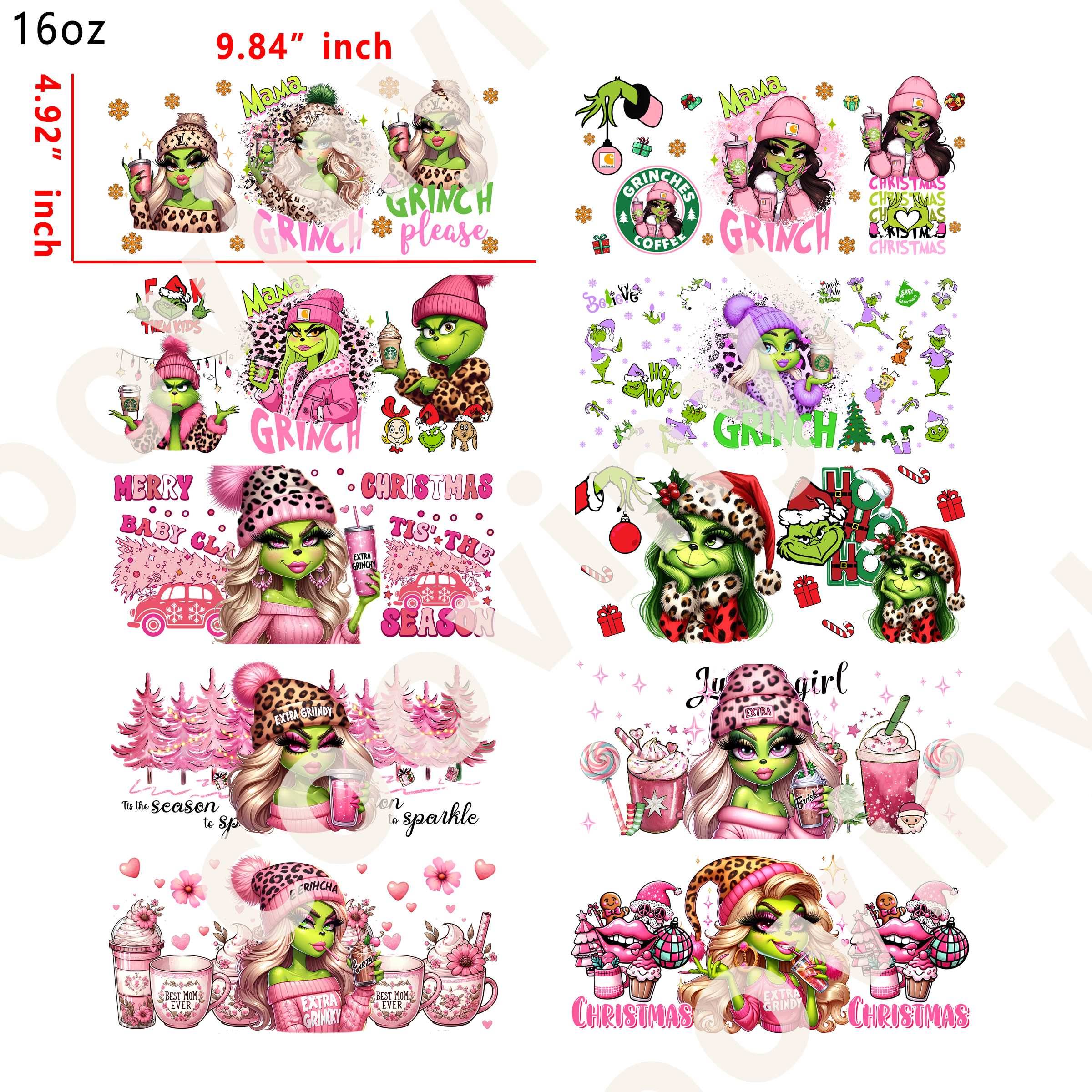 20 PCS Grinch girl cup wraps 16OZ tumbler water proof