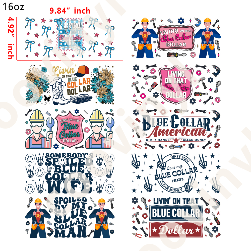 10 PCS Blue-collar worker cup wraps 16OZ tumbler water proof