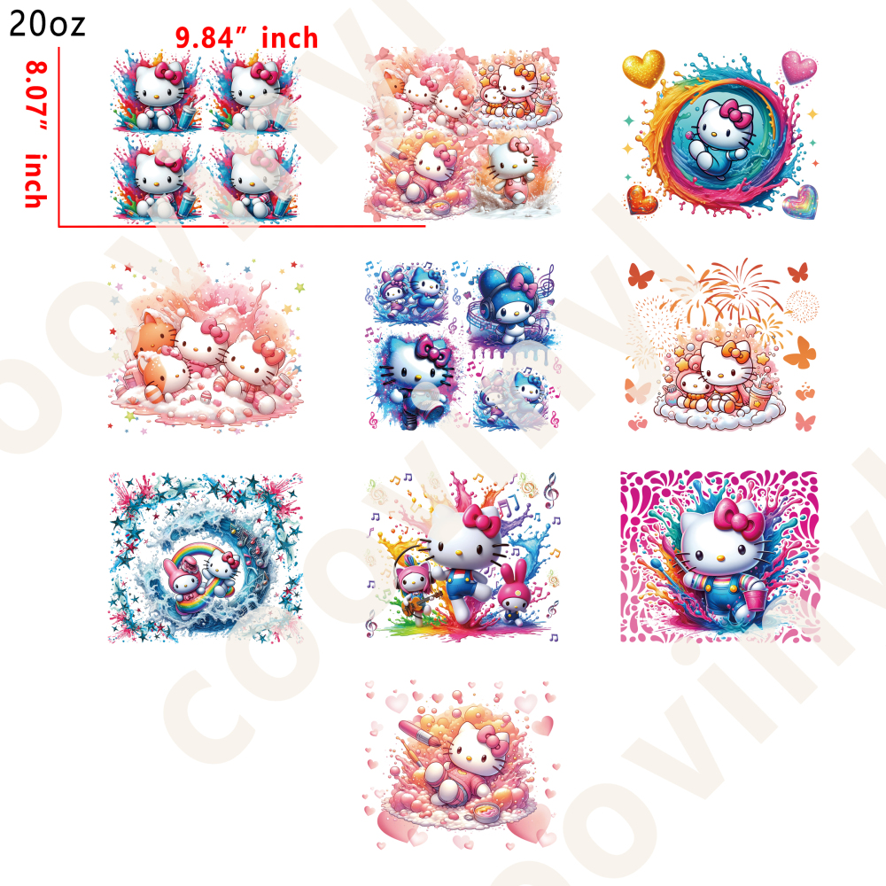 10 PCS Hello Kitty cup wraps 20OZ tumbler water proof