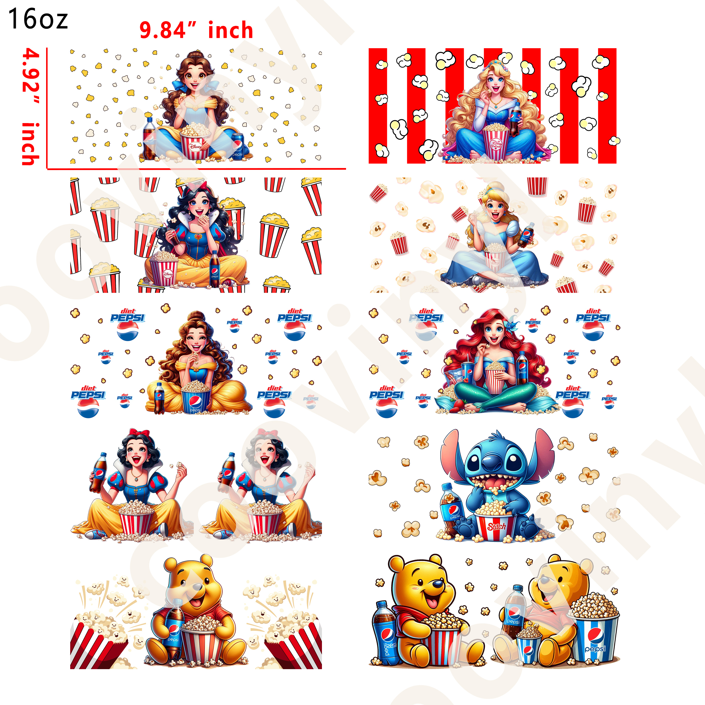 10 PCS Disney Popcorn cup wraps 16OZ tumbler water proof