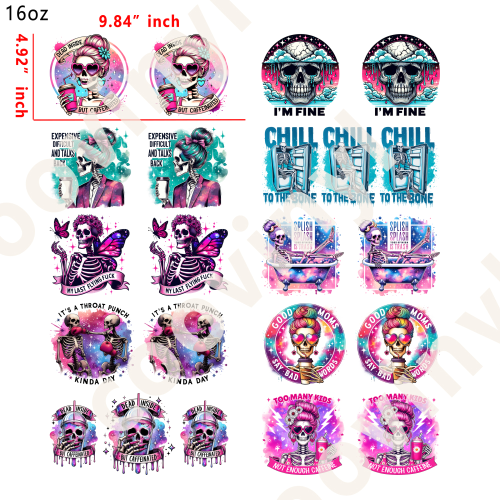 10 PCS Skeleton cup wraps 16OZ tumbler water proof