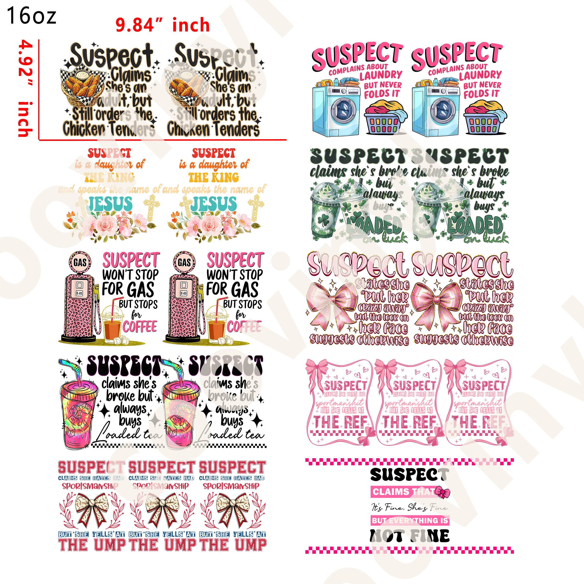10 PCS Suspect cup wraps 16OZ tumbler water proof