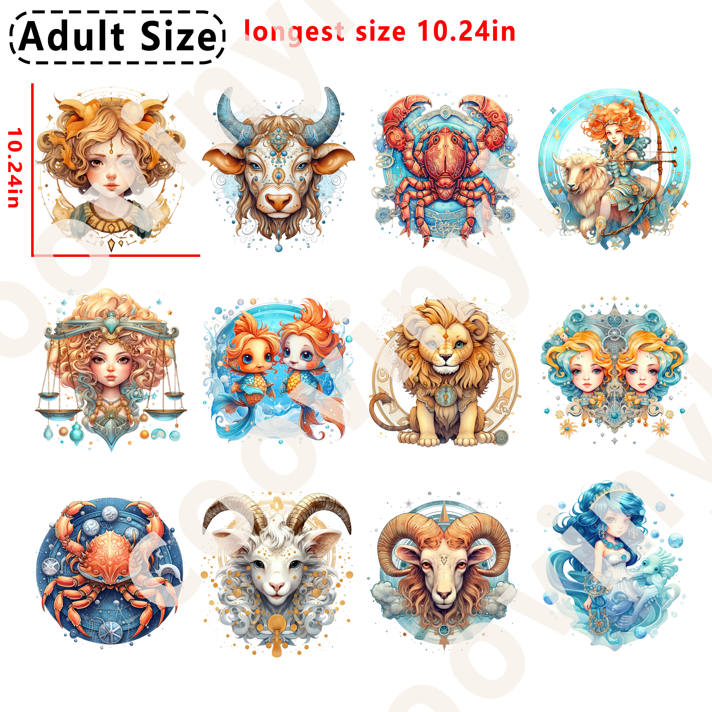 12pcs zodiac sign DTF heat transfer vinyl for T-shirt hoodies