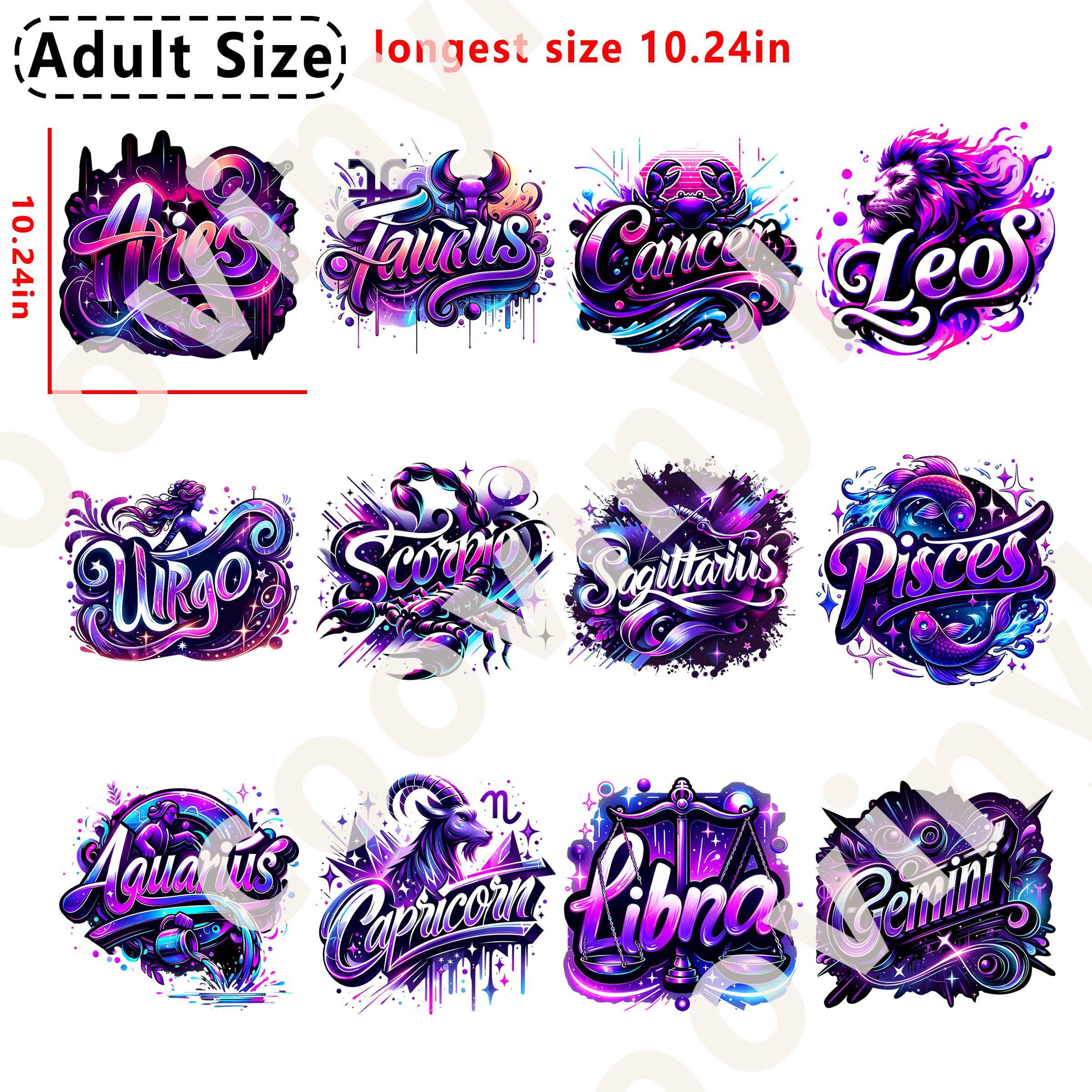 12pcs zodiac sign DTF heat transfer vinyl for T-shirt hoodies