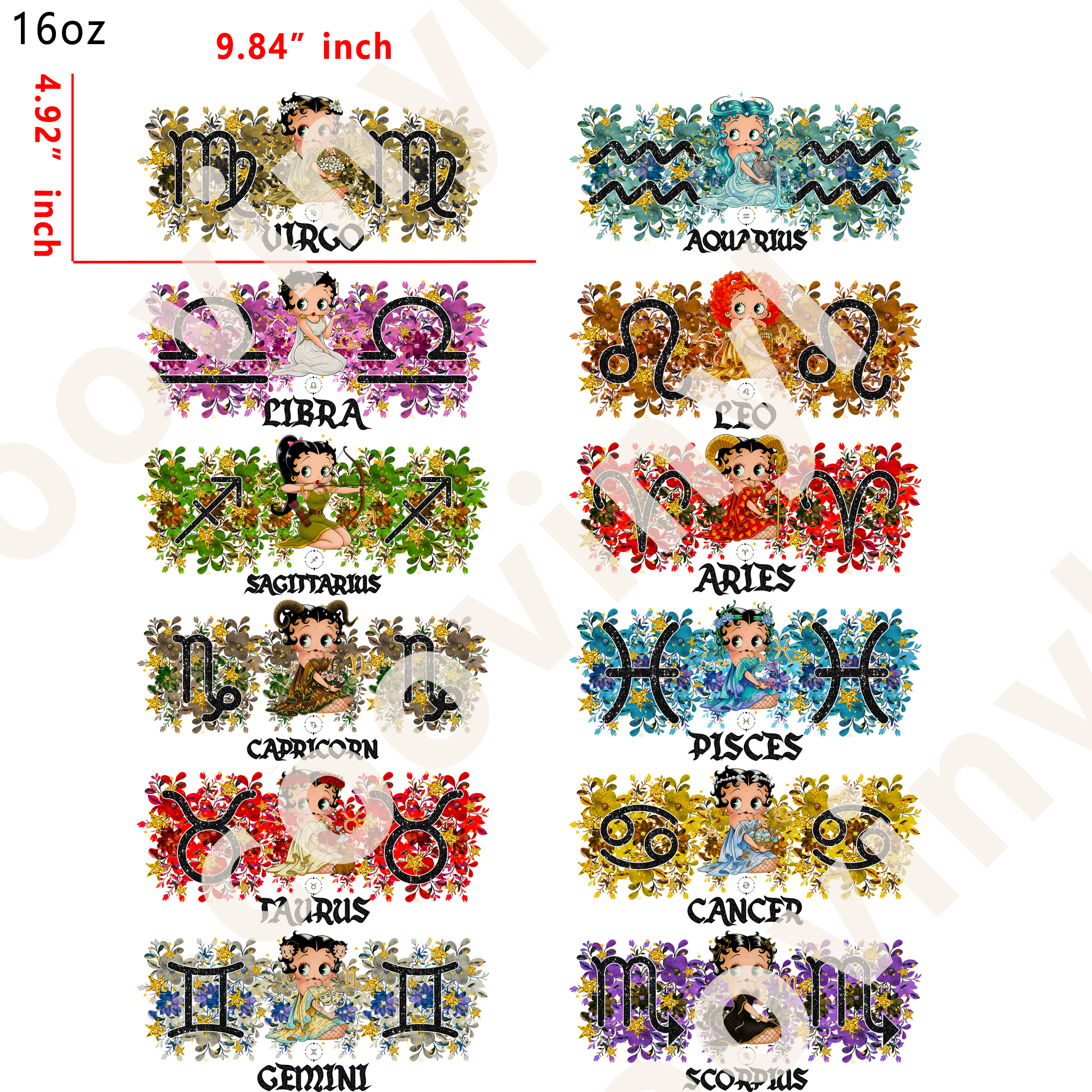 12 PCS Betty Zodiac Sign cup wraps 16OZ tumbler water proof