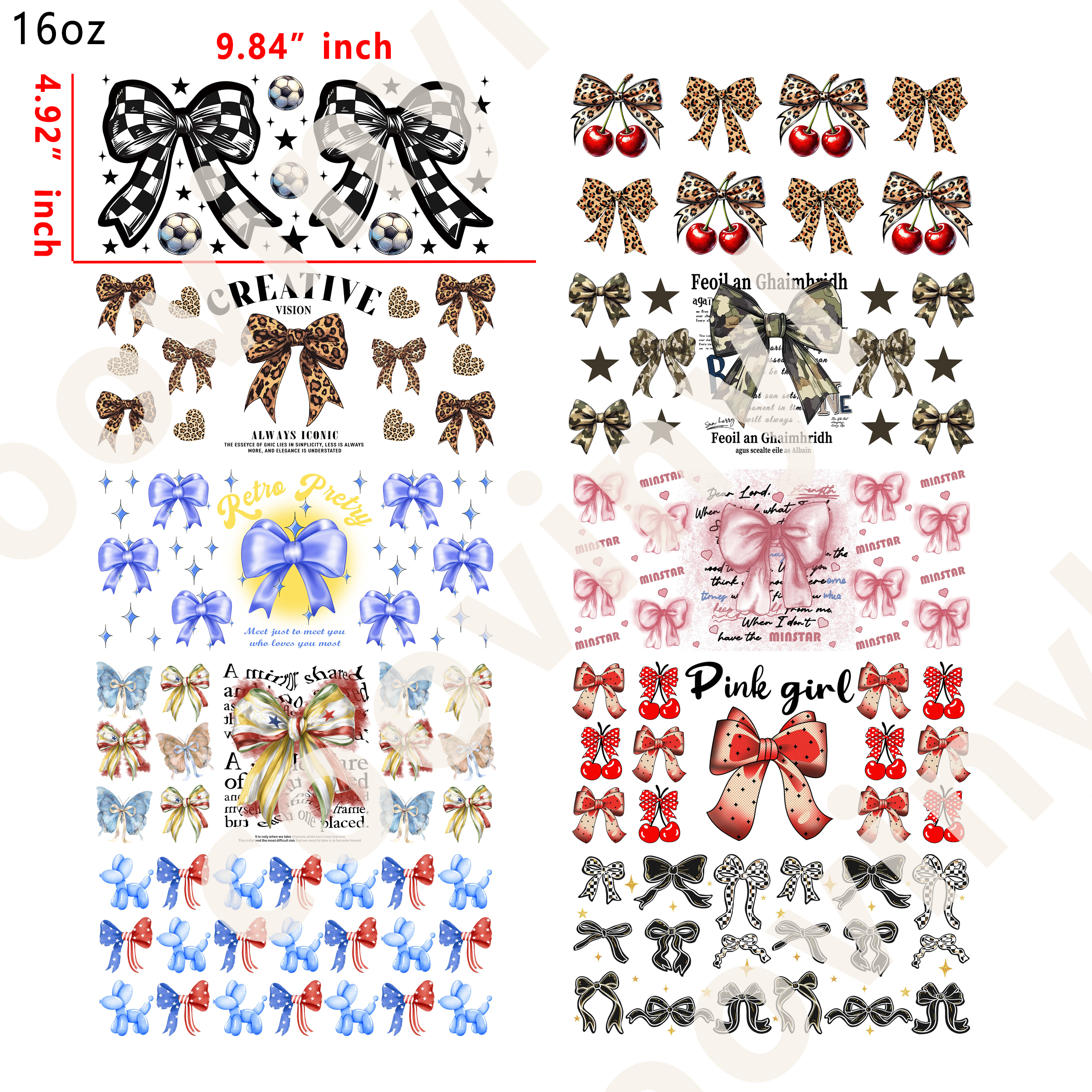 10 PCS Bow cup wraps 16OZ tumbler water proof