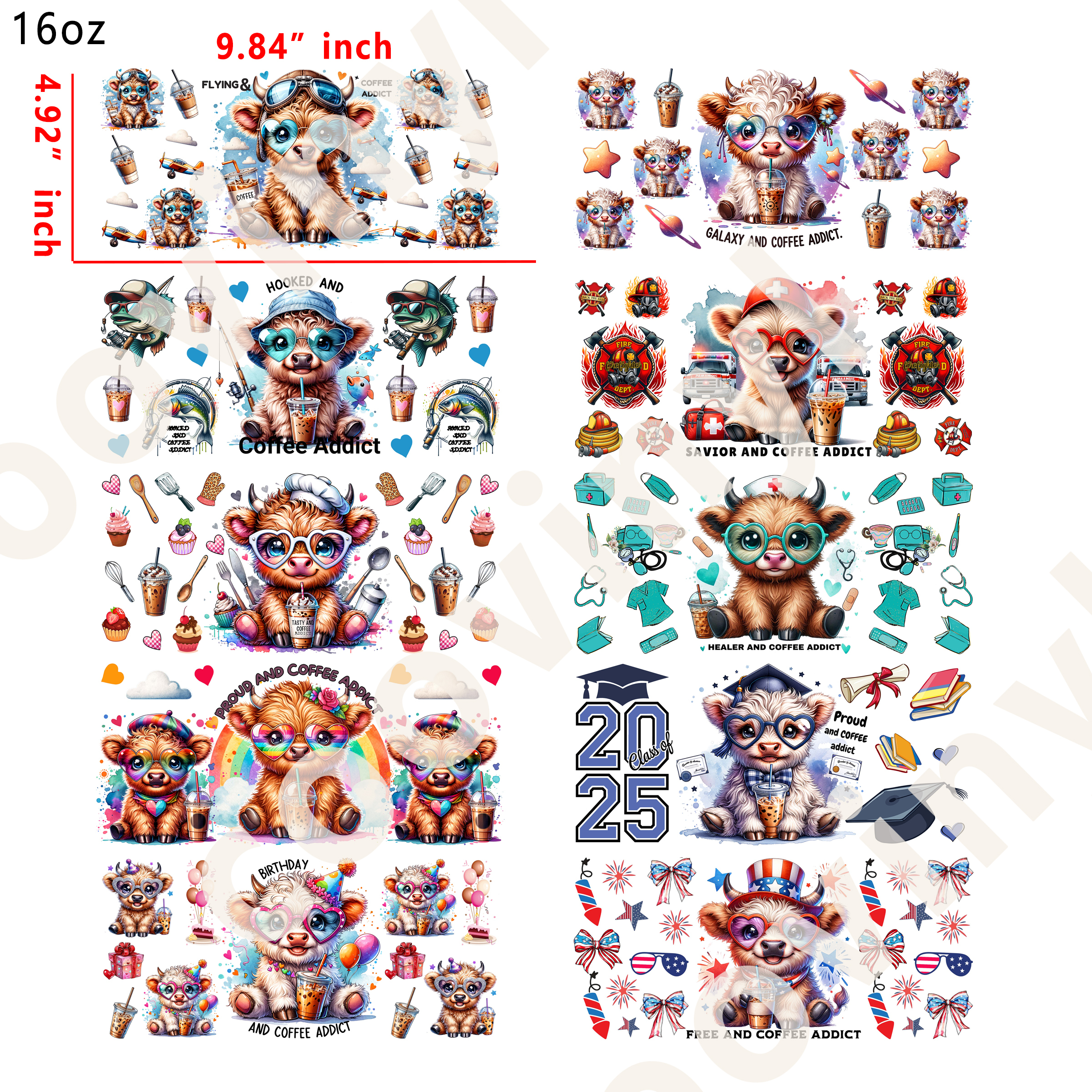 20 PCS Cute Cow Animal UV DTF Cup wraps 16OZ tumbler water proof