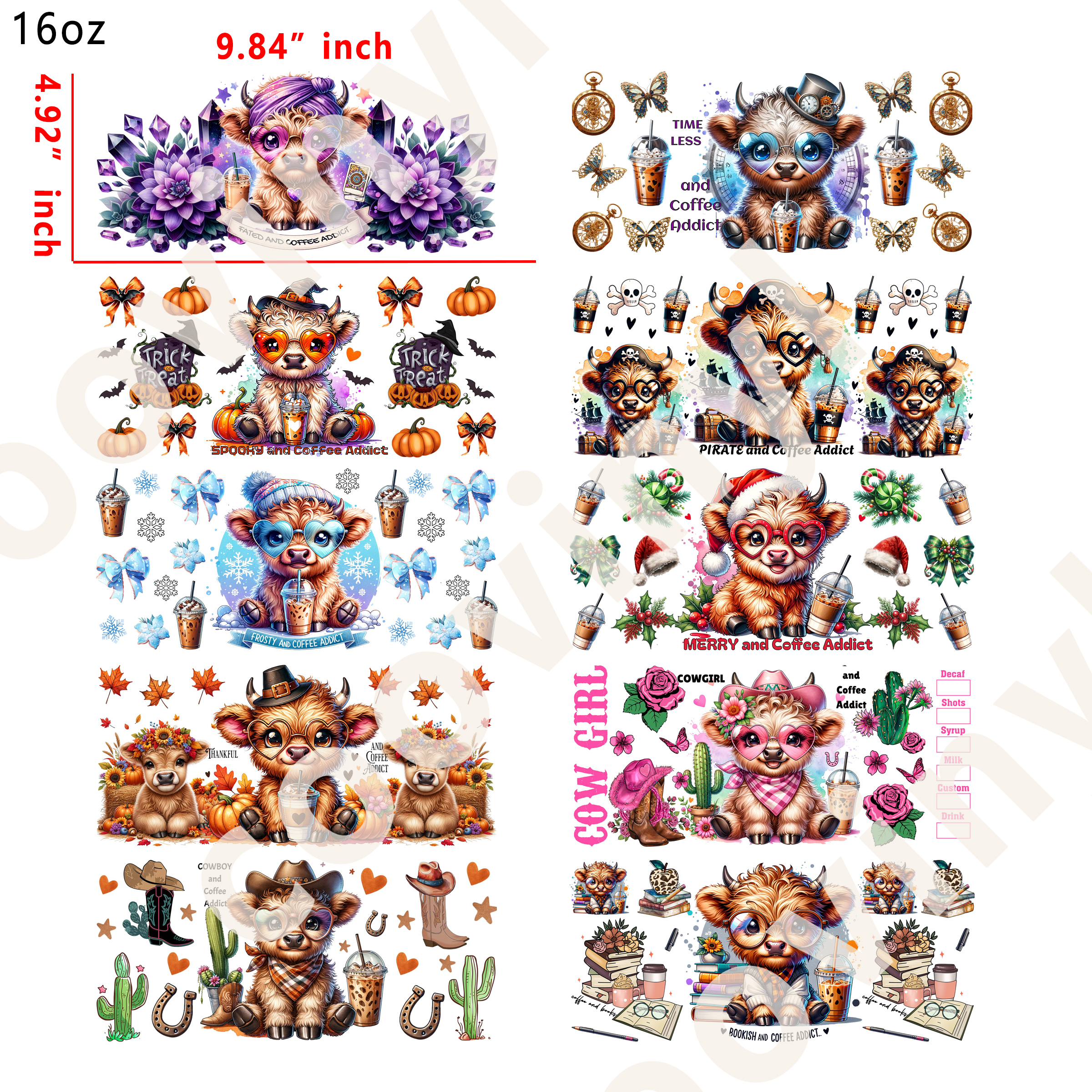 20 PCS Cute Cow Animal UV DTF Cup wraps 16OZ tumbler water proof