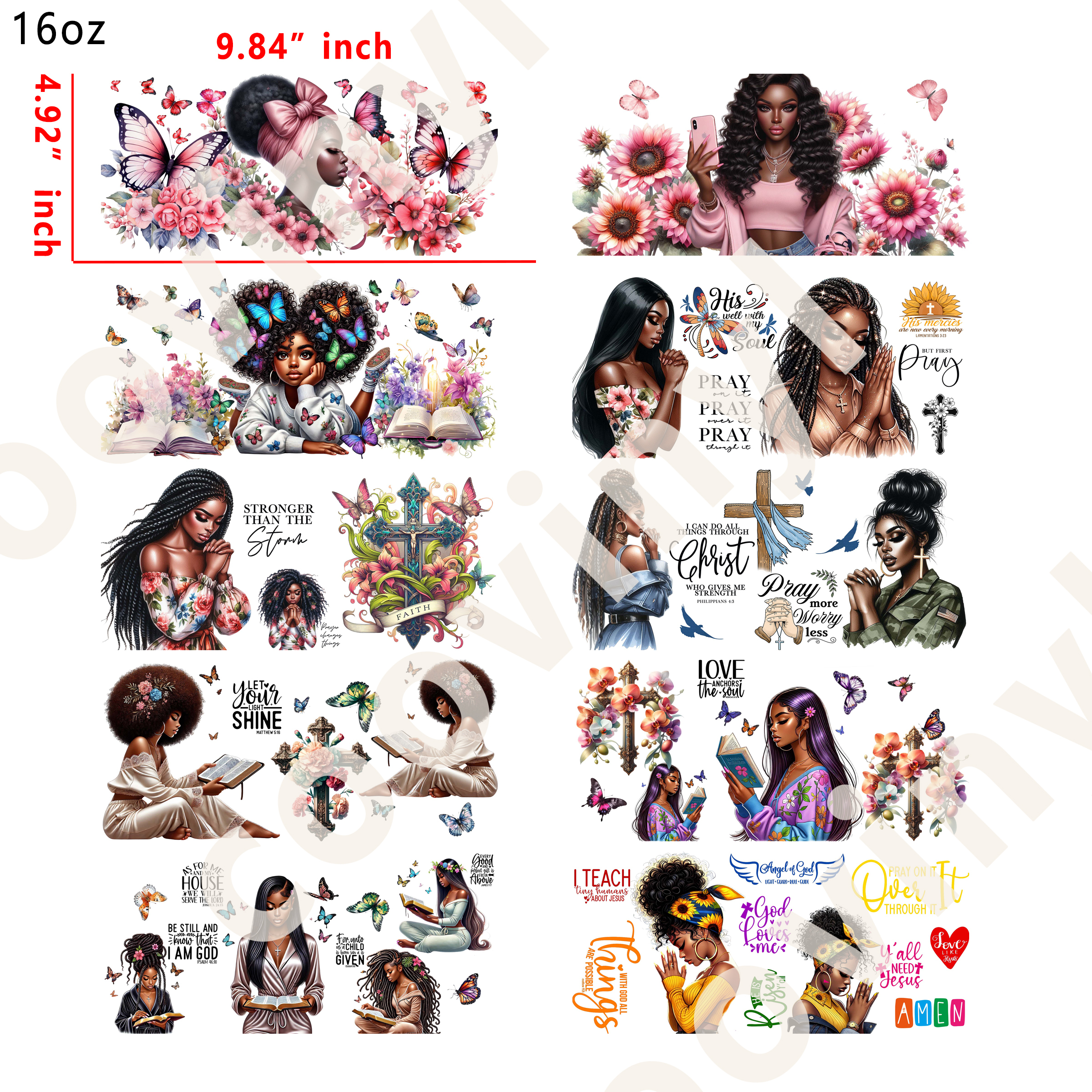 20 PCS Black girl cup wraps 16OZ tumbler water proof
