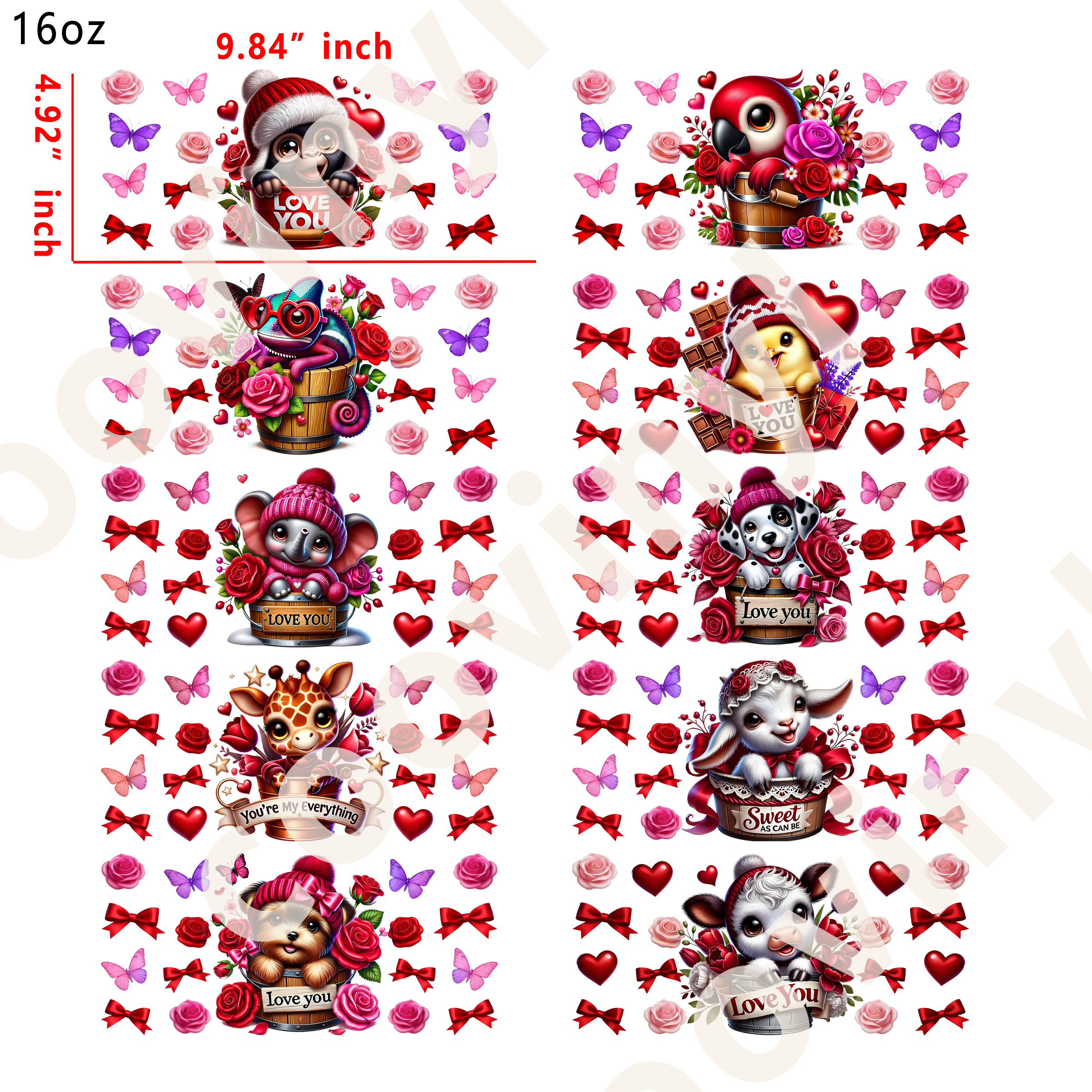 20 PCS Valentine's Day Animal cup wraps 16OZ tumbler water proof