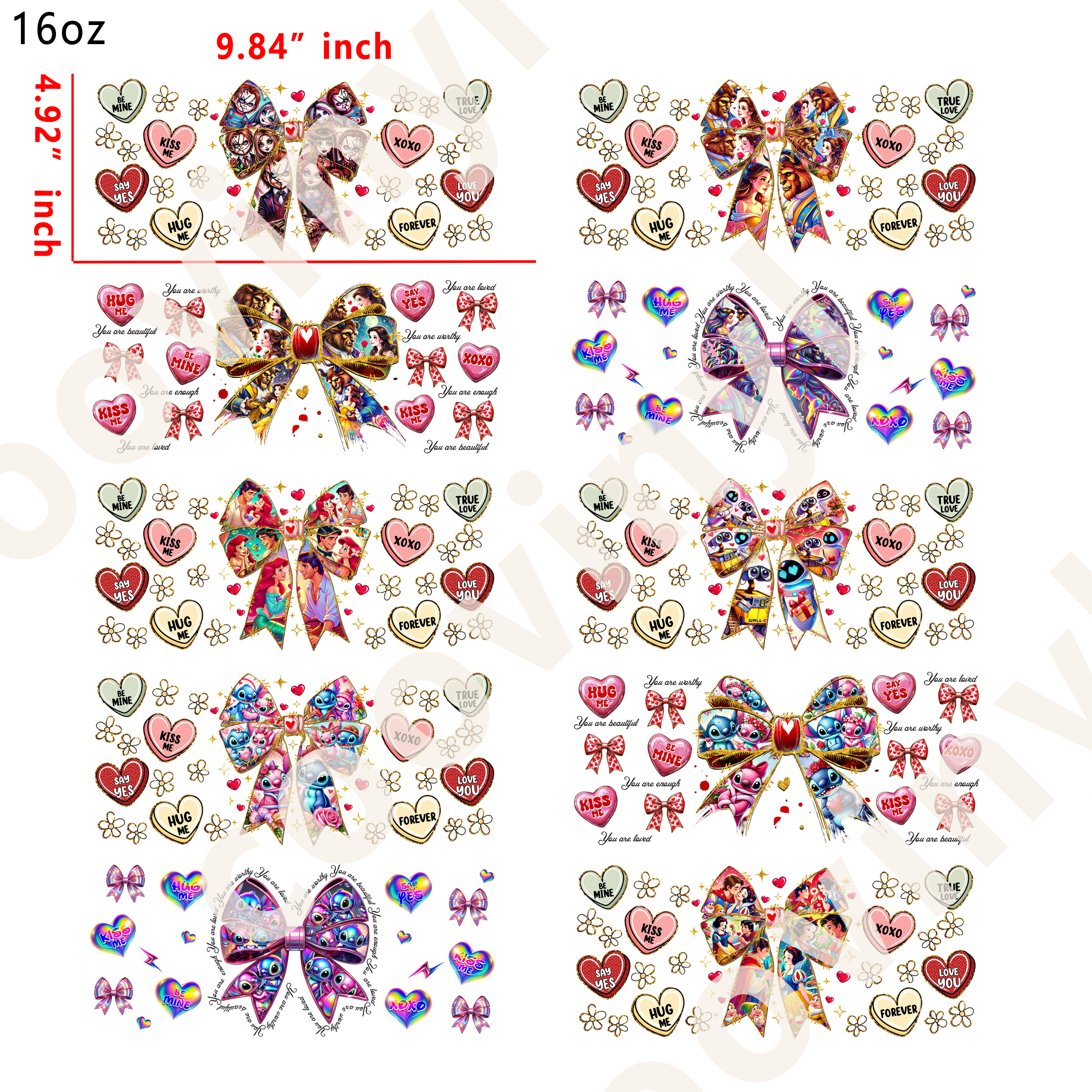20 PCS Valentine's Day Bow cup wraps 16OZ tumbler water proof