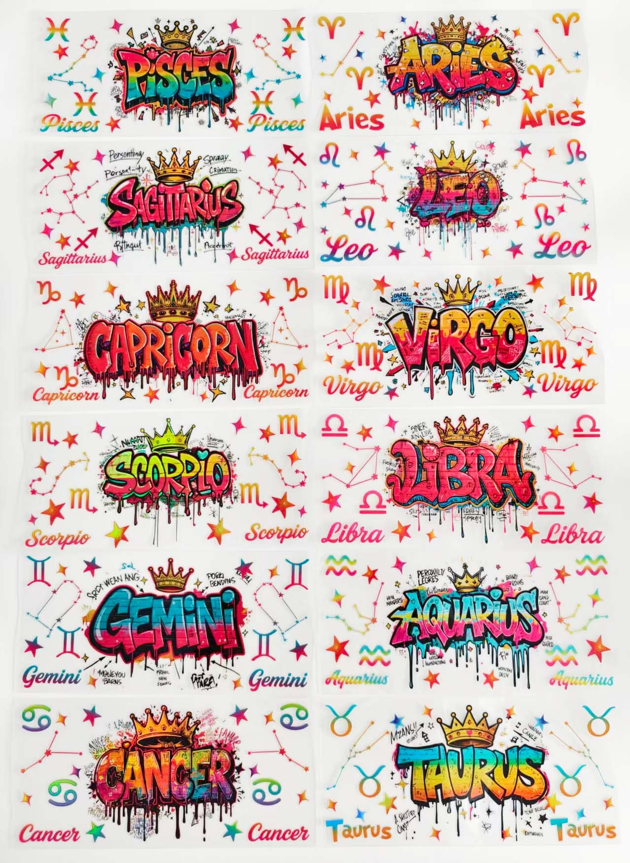 12pcs Zodiac Holographic UV DTF Cup Wraps for 16OZ tumblers