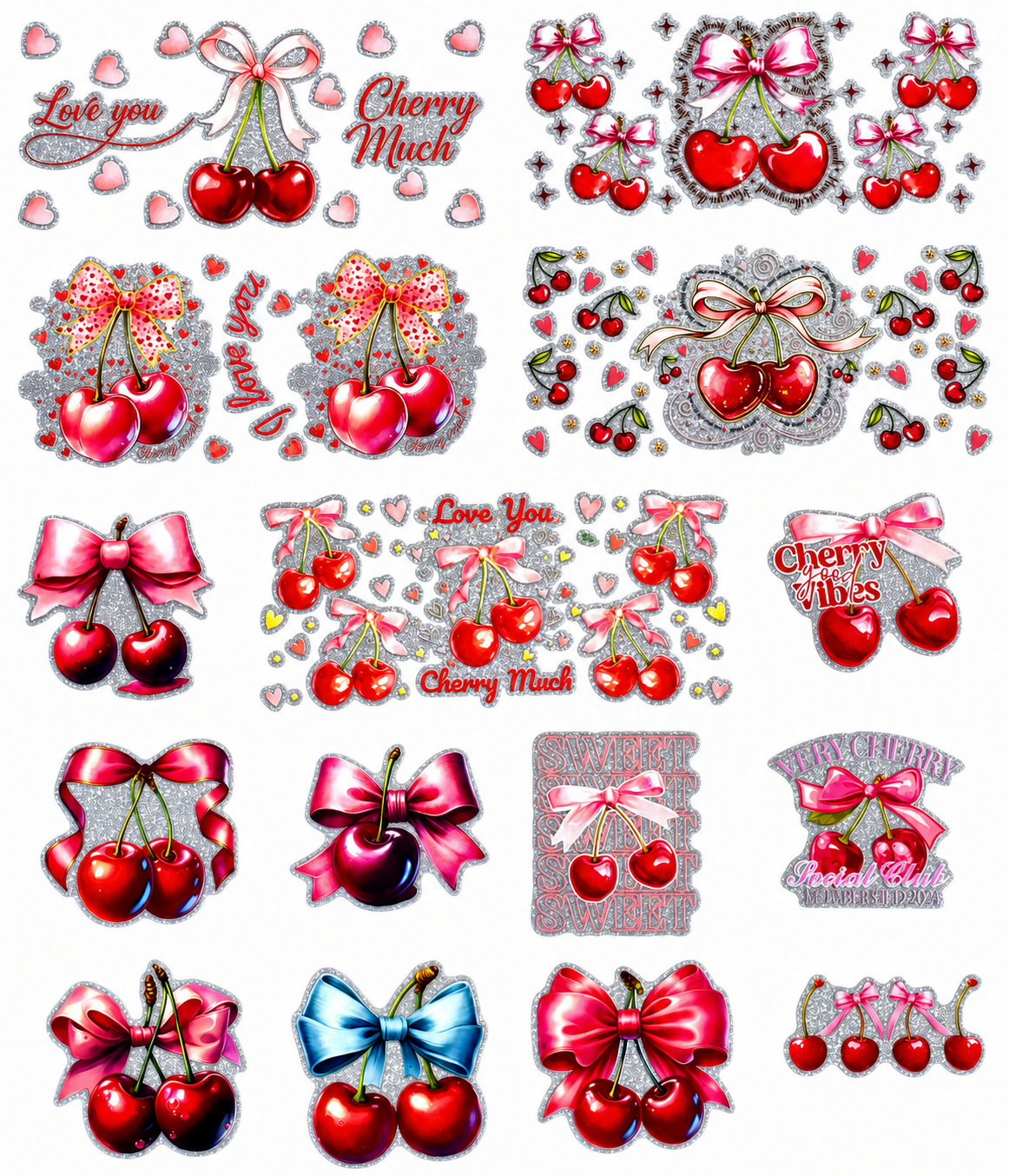 Glitter Sticker 15 PCS Cherry cup wraps 16OZ tumbler  Waterproof Customized Craft Sticker Adhesive Vinyl Decal Glitter Sticker DIY Kit Ready to Use Vivid Color Strong Stickiness