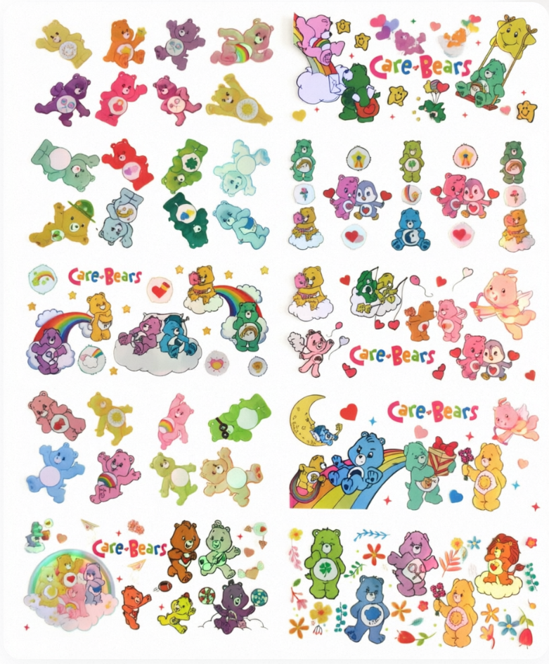 Holographic 10pcs carebear UV DTF Cup Wraps for 16OZ tumblers Waterproof Acrylic Wraps for Cups Glasses &Smooth Objects Vivid Colors Strong Adhesion CustomizableStickers Decal Sticker Art Crafts Kit
