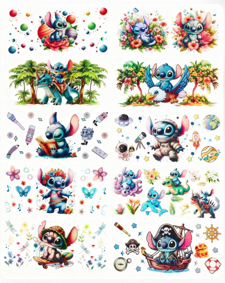 Holographic 10pcs stitch UV DTF Cup Wraps for 16OZ tumblers Waterproof Acrylic Wraps for Cups Glasses &Smooth Objects Vivid Colors Strong Adhesion CustomizableStickers Decal Sticker Art Crafts Kit