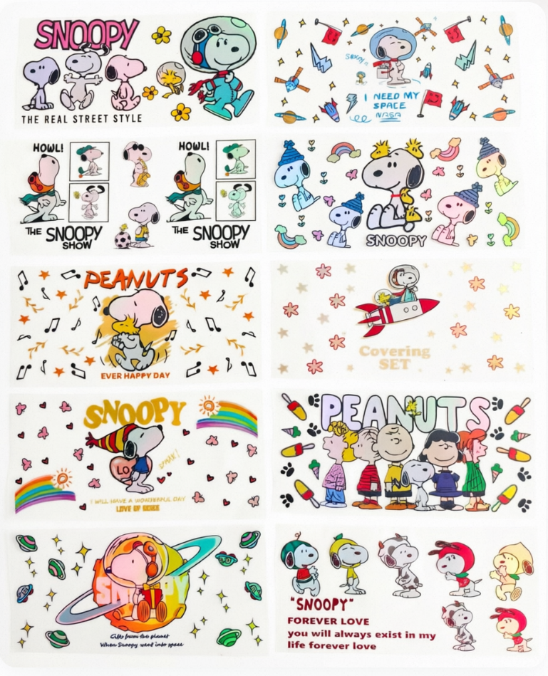 Holographic 10pcs Snoopy UV DTF Cup Wraps for 16OZ tumblers Waterproof Acrylic Wraps for Cups Glasses &Smooth Objects Vivid Colors Strong Adhesion CustomizableStickers Decal Sticker Art Crafts Kit