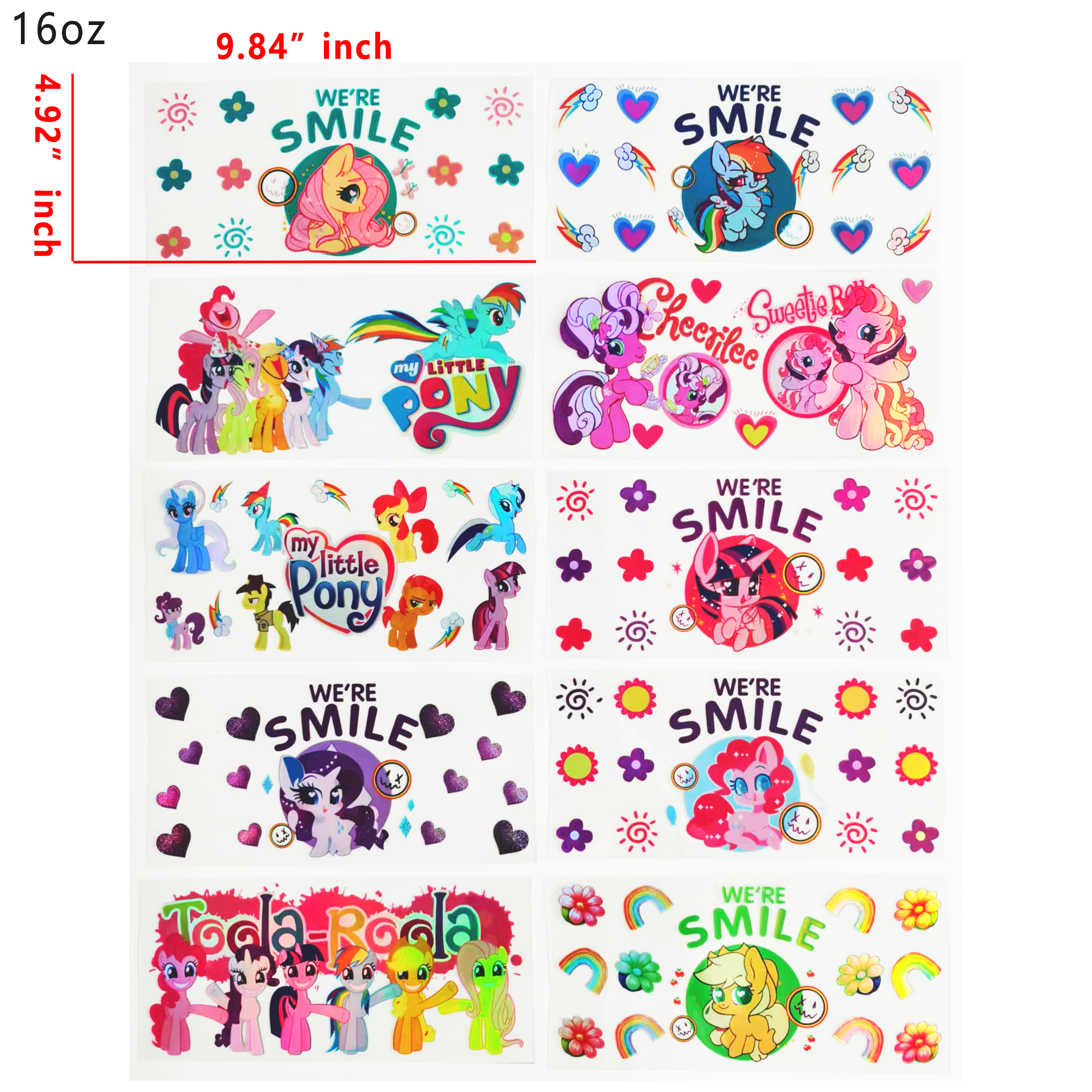 Holographic 10pcs My Little Pony UV DTF Cup Wraps for 16OZ tumblers Waterproof Acrylic Wraps for Cups Glasses &Smooth Objects Vivid Colors Strong Adhesion CustomizableStickers Decal Sticker Art Crafts Kit
