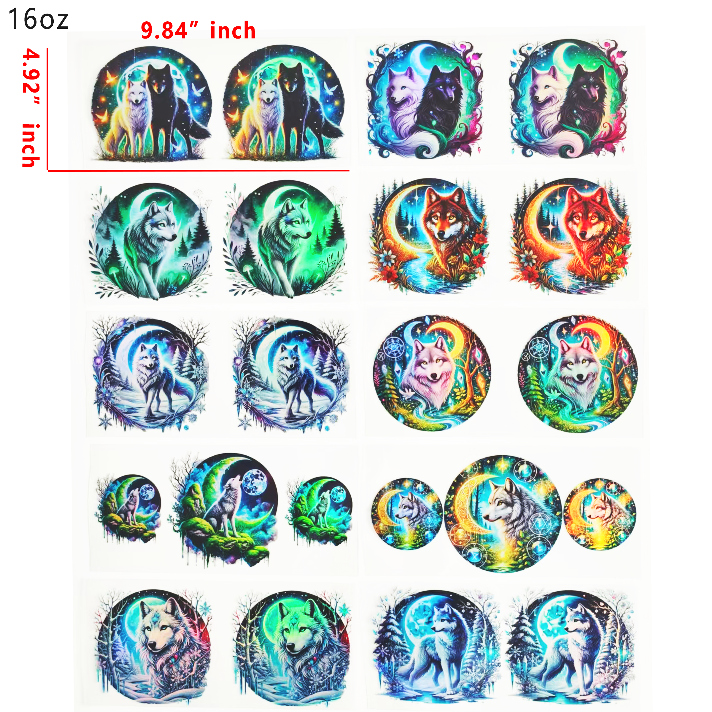 Holographic 10pcs Wolf UV DTF Cup Wraps for 16OZ tumblers Waterproof Acrylic Wraps for Cups Glasses &Smooth Objects Vivid Colors Strong Adhesion CustomizableStickers Decal Sticker Art Crafts Kit