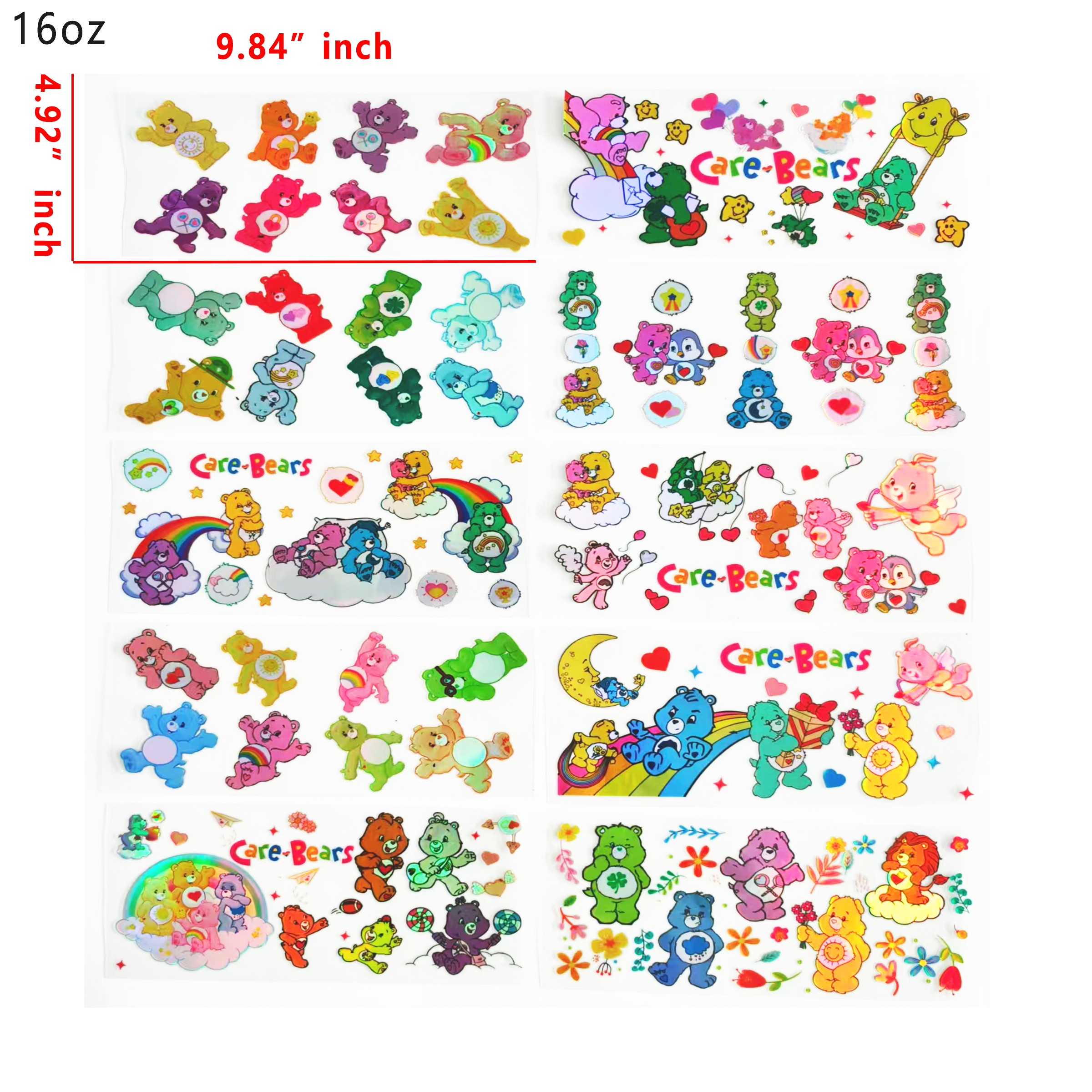 Holographic 10pcs carebear UV DTF Cup Wraps for 16OZ tumblers Waterproof Acrylic Wraps for Cups Glasses &Smooth Objects Vivid Colors Strong Adhesion CustomizableStickers Decal Sticker Art Crafts Kit
