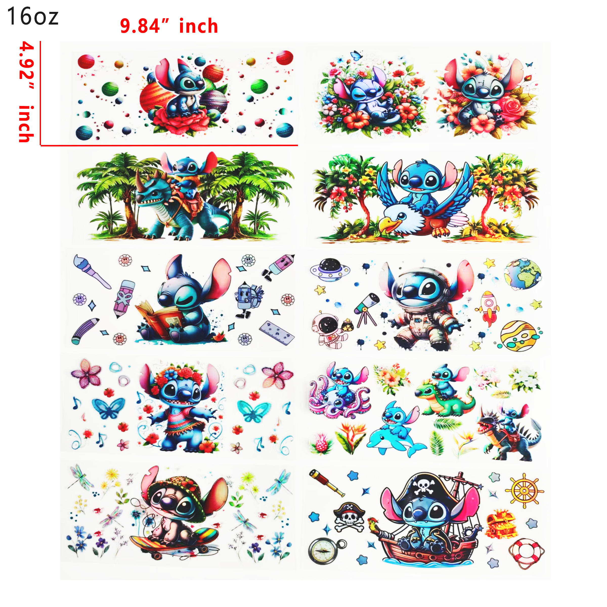 Holographic 10pcs stitch UV DTF Cup Wraps for 16OZ tumblers Waterproof Acrylic Wraps for Cups Glasses &Smooth Objects Vivid Colors Strong Adhesion CustomizableStickers Decal Sticker Art Crafts Kit