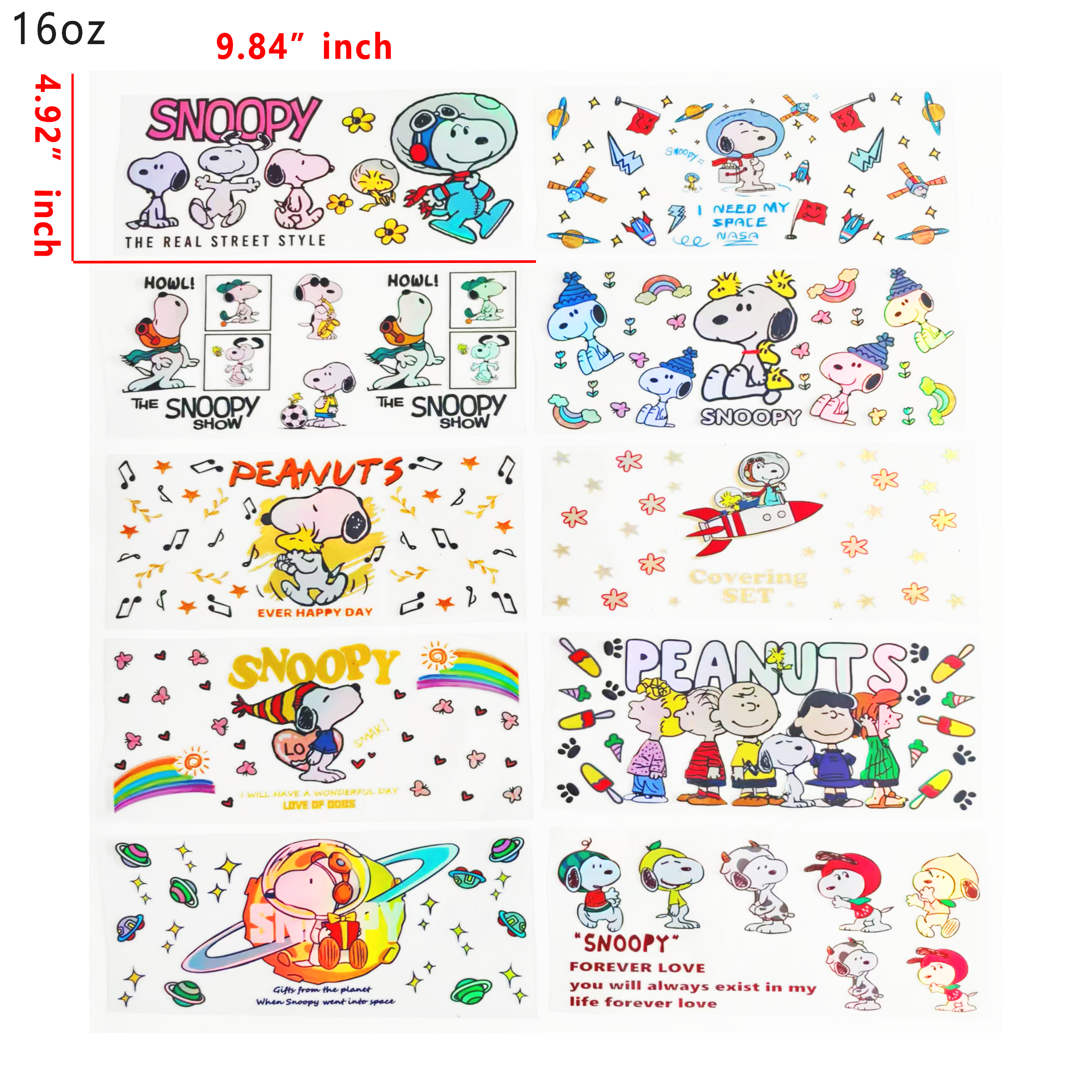 Holographic 10pcs Snoopy UV DTF Cup Wraps for 16OZ tumblers Waterproof Acrylic Wraps for Cups Glasses &Smooth Objects Vivid Colors Strong Adhesion CustomizableStickers Decal Sticker Art Crafts Kit