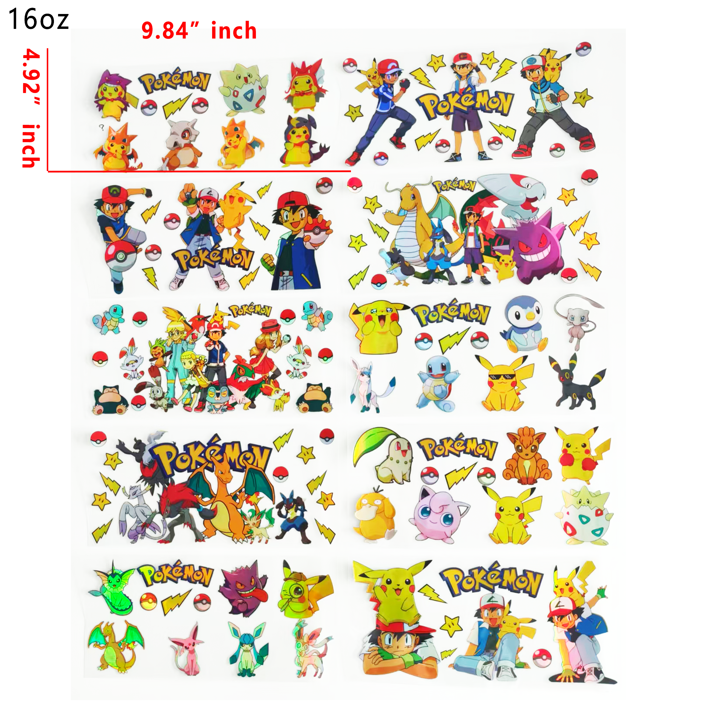 Holographic 10pcs pokemen UV DTF Cup Wraps for 16OZ tumblers Waterproof Acrylic Wraps for Cups Glasses &Smooth Objects Vivid Colors Strong Adhesion CustomizableStickers Decal Sticker Art Crafts Kit