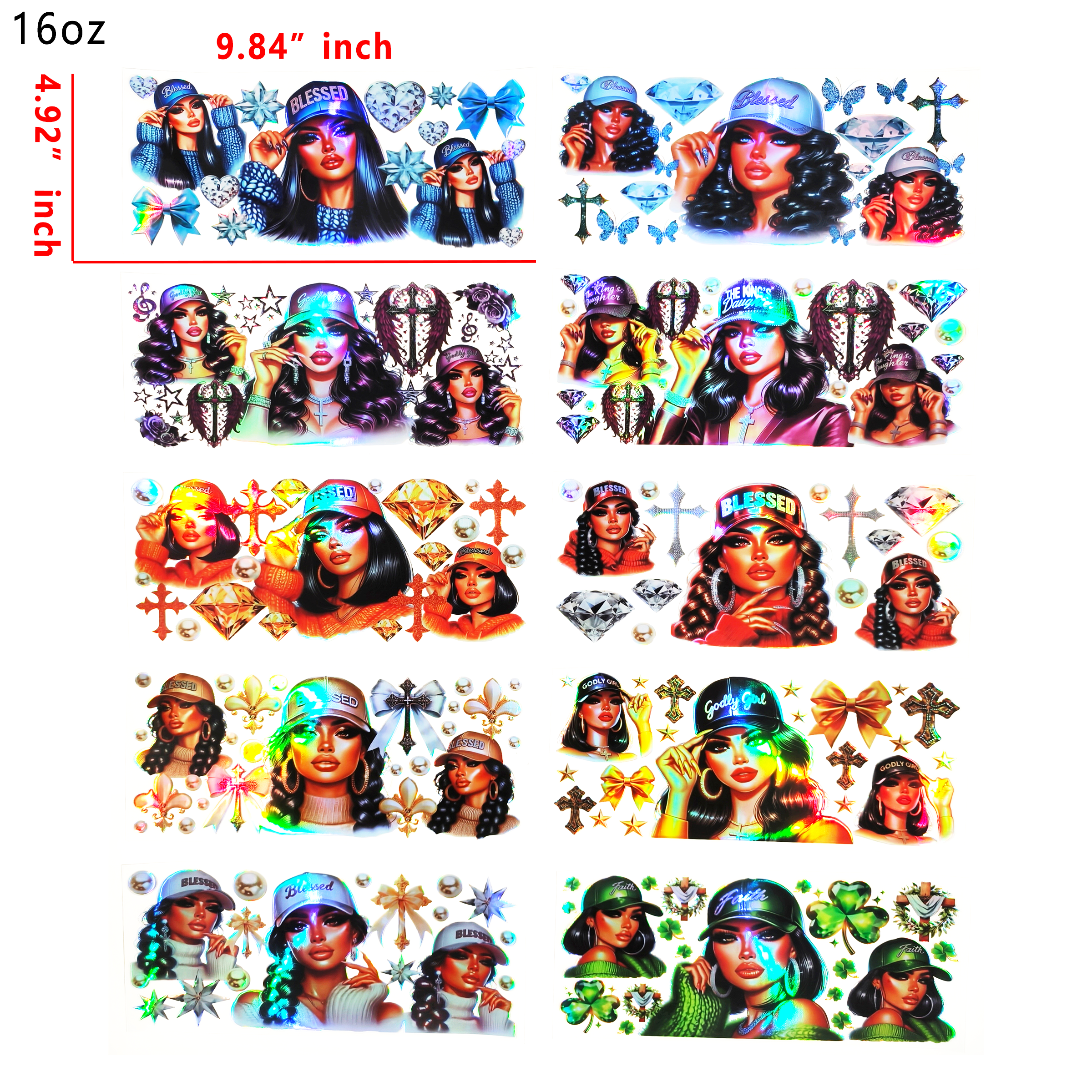 Holographic 10pcs Black girl UV DTF Cup Wraps for 16OZ tumblers Waterproof Acrylic Wraps for Cups Glasses &Smooth Objects Vivid Colors Strong Adhesion CustomizableStickers Decal Sticker Art Crafts Kit