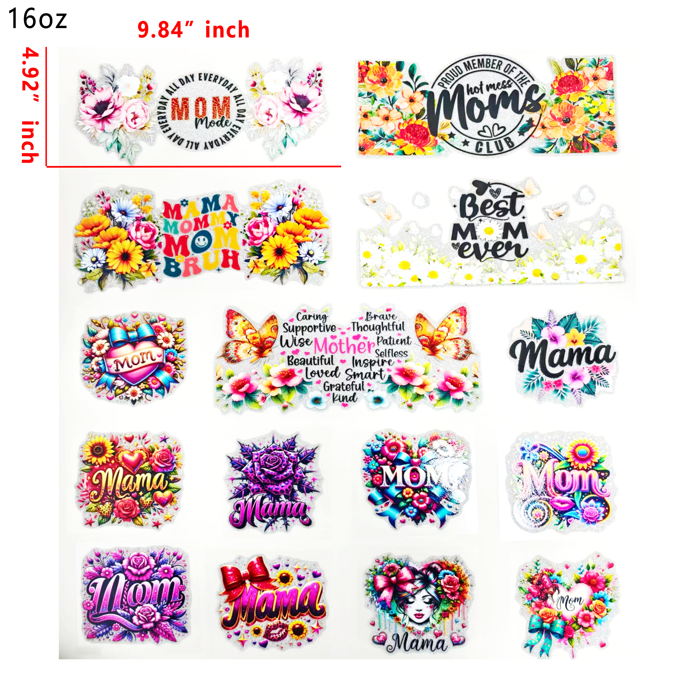 Glitter Sticker 15 PCS mama cup wraps 16OZ tumbler  Waterproof Customized Craft Sticker Adhesive Vinyl Decal Glitter Sticker DIY Kit Ready to Use Vivid Color Strong Stickiness
