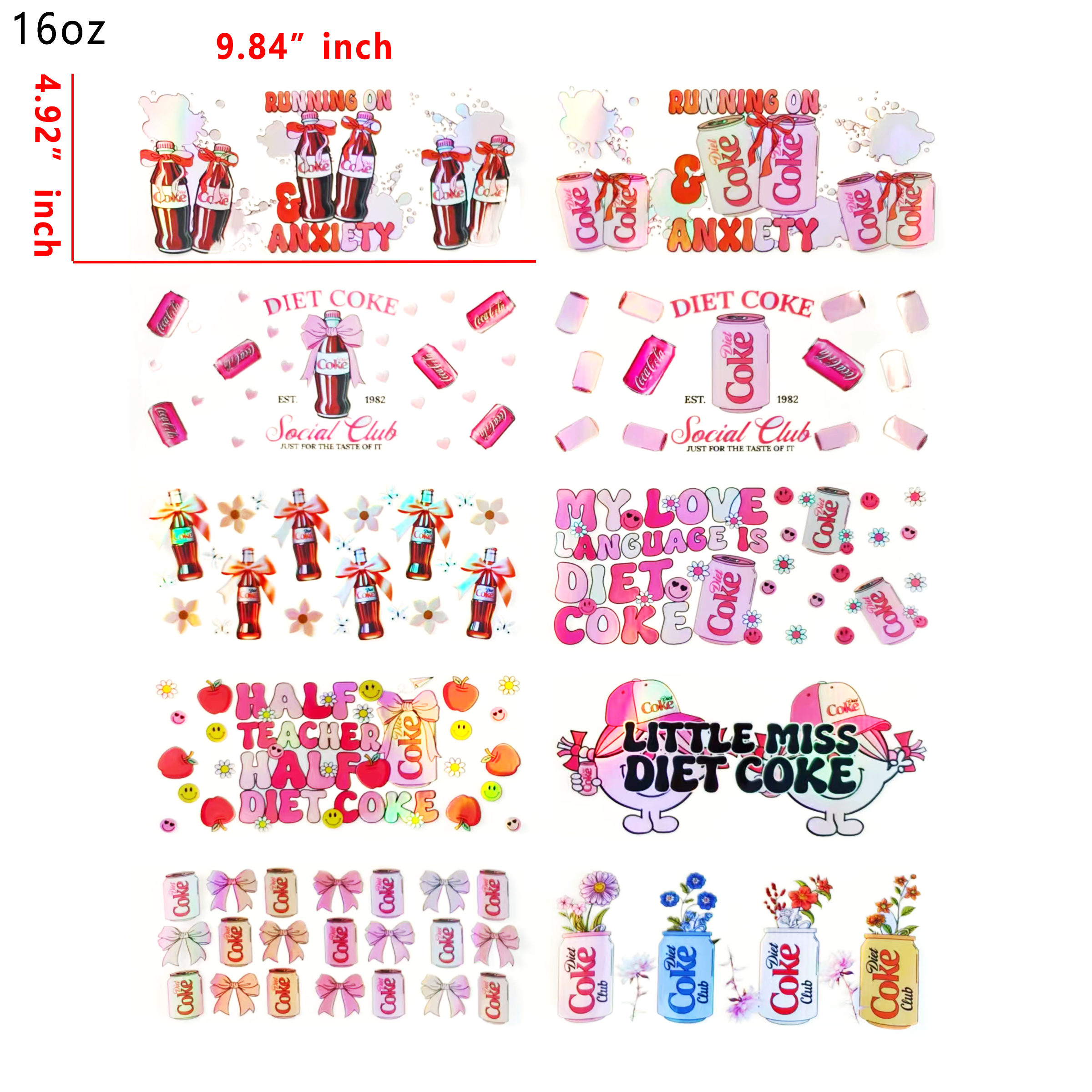 Holographic 10pcs Coke UV DTF Cup Wraps for 16OZ tumblers Waterproof Acrylic Wraps for Cups Glasses &Smooth Objects Vivid Colors Strong Adhesion CustomizableStickers Decal Sticker Art Crafts Kit