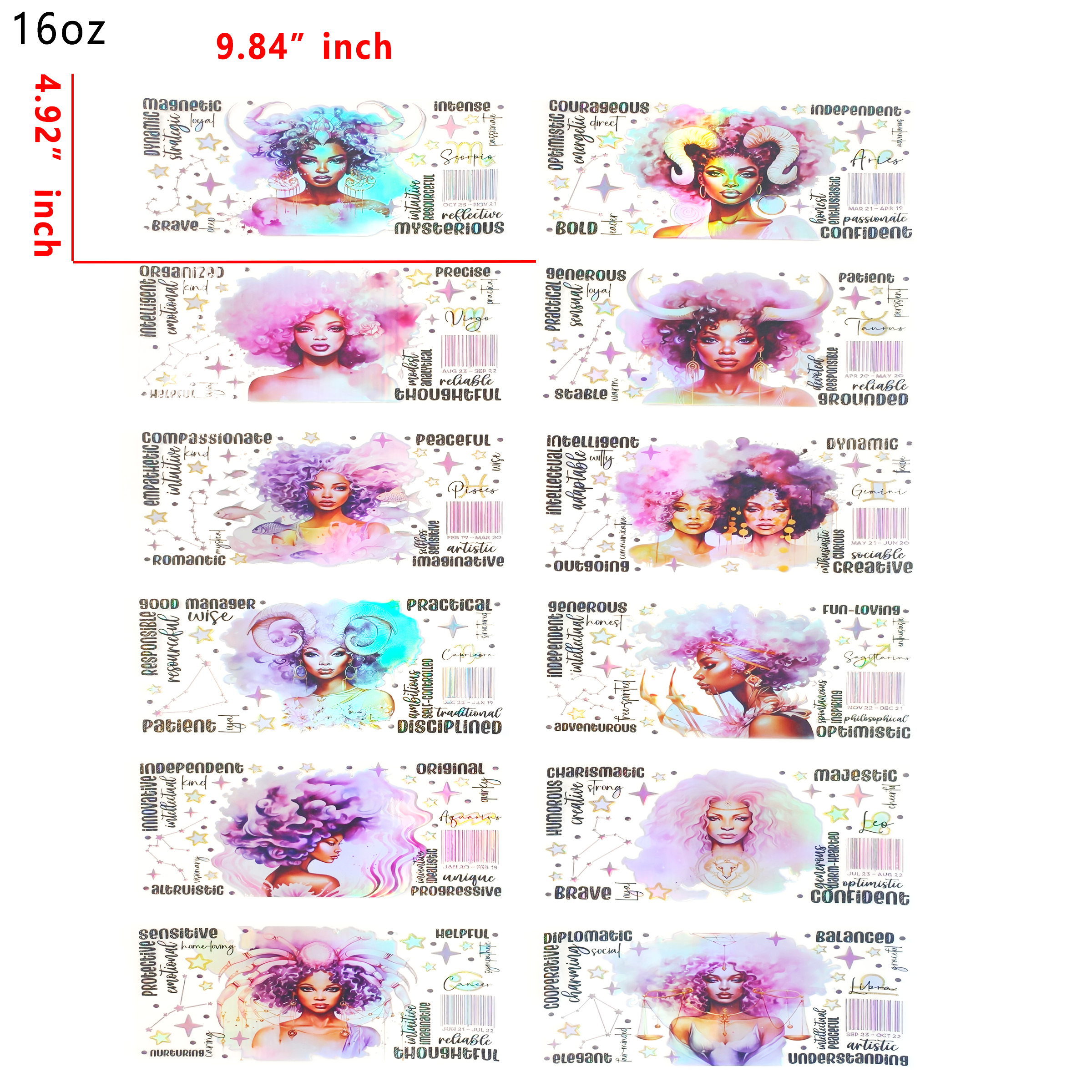 Holographic 12pcs Zodiac Girl UV DTF Cup Wraps for 16OZ tumblers Waterproof Acrylic Wraps for Cups Glasses &Smooth Objects Vivid Colors Strong Adhesion CustomizableStickers Decal Sticker Art Crafts Kit