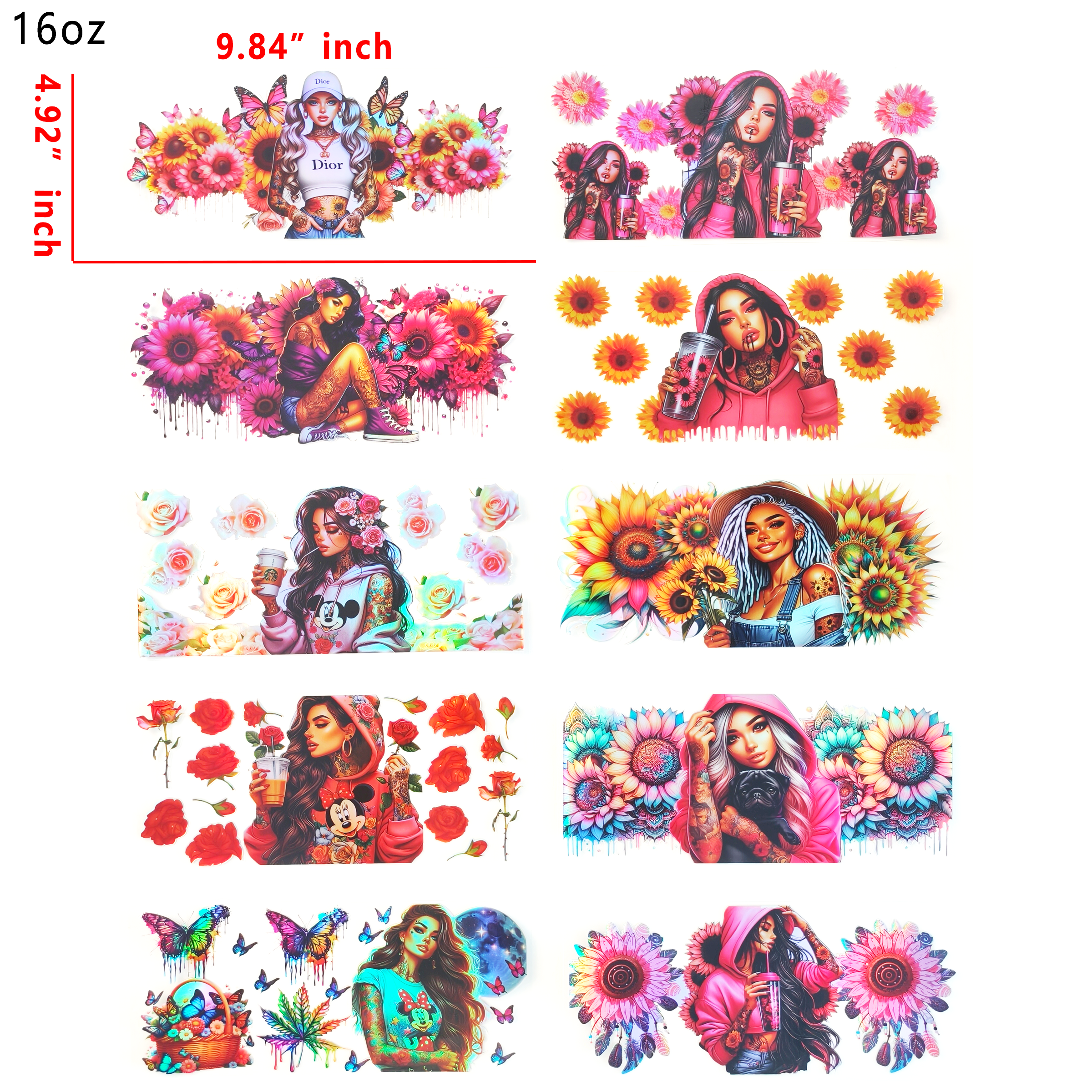Holographic 10pcs Tattooed girl UV DTF Cup Wraps for 16OZ tumblers Waterproof Acrylic Wraps for Cups Glasses &Smooth Objects Vivid Colors Strong Adhesion CustomizableStickers Decal Sticker Art Crafts Kit