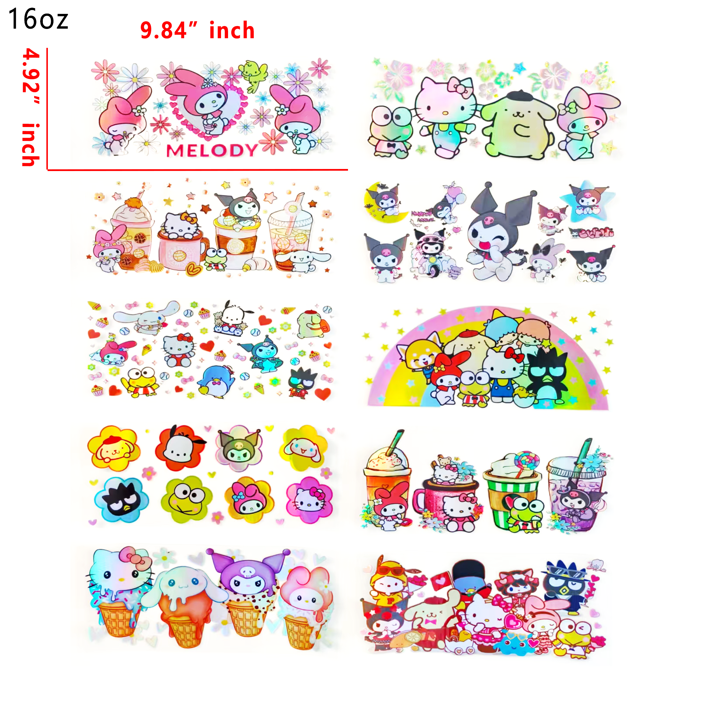 Holographic 10pcs Sanrio UV DTF Cup Wraps for 16OZ tumblers Waterproof Acrylic Wraps for Cups Glasses &Smooth Objects Vivid Colors Strong Adhesion CustomizableStickers Decal Sticker Art Crafts Kit