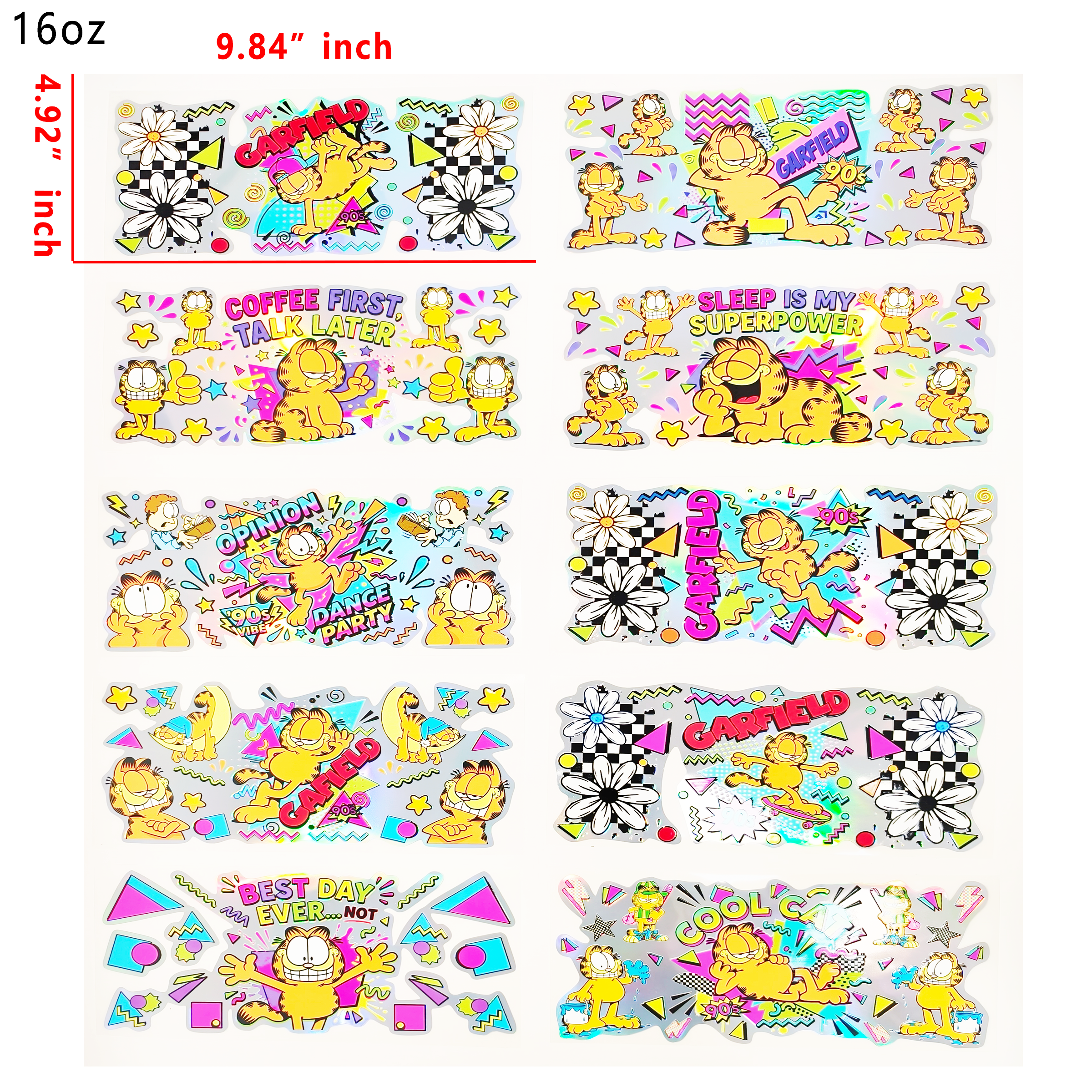 Holographic 10pcs Garfield UV DTF Cup Wraps for 16OZ tumblers Waterproof Acrylic Wraps for Cups Glasses &Smooth Objects Vivid Colors Strong Adhesion CustomizableStickers Decal Sticker Art Crafts Kit