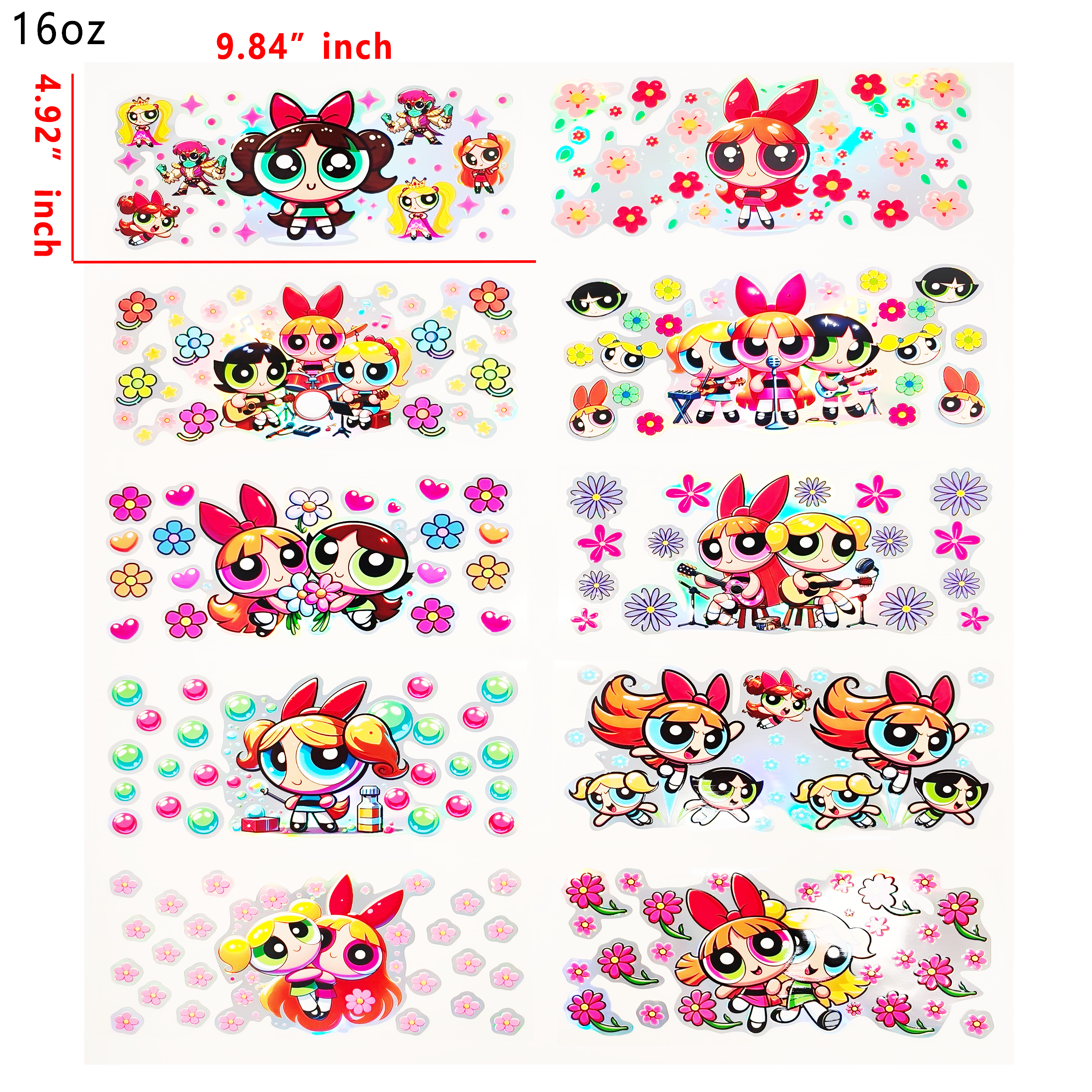 Holographic 10pcs Powerpuff Girls UV DTF Cup Wraps for 16OZ tumblers Waterproof Acrylic Wraps for Cups Glasses &Smooth Objects Vivid Colors Strong Adhesion CustomizableStickers Decal Sticker Art Crafts Kit