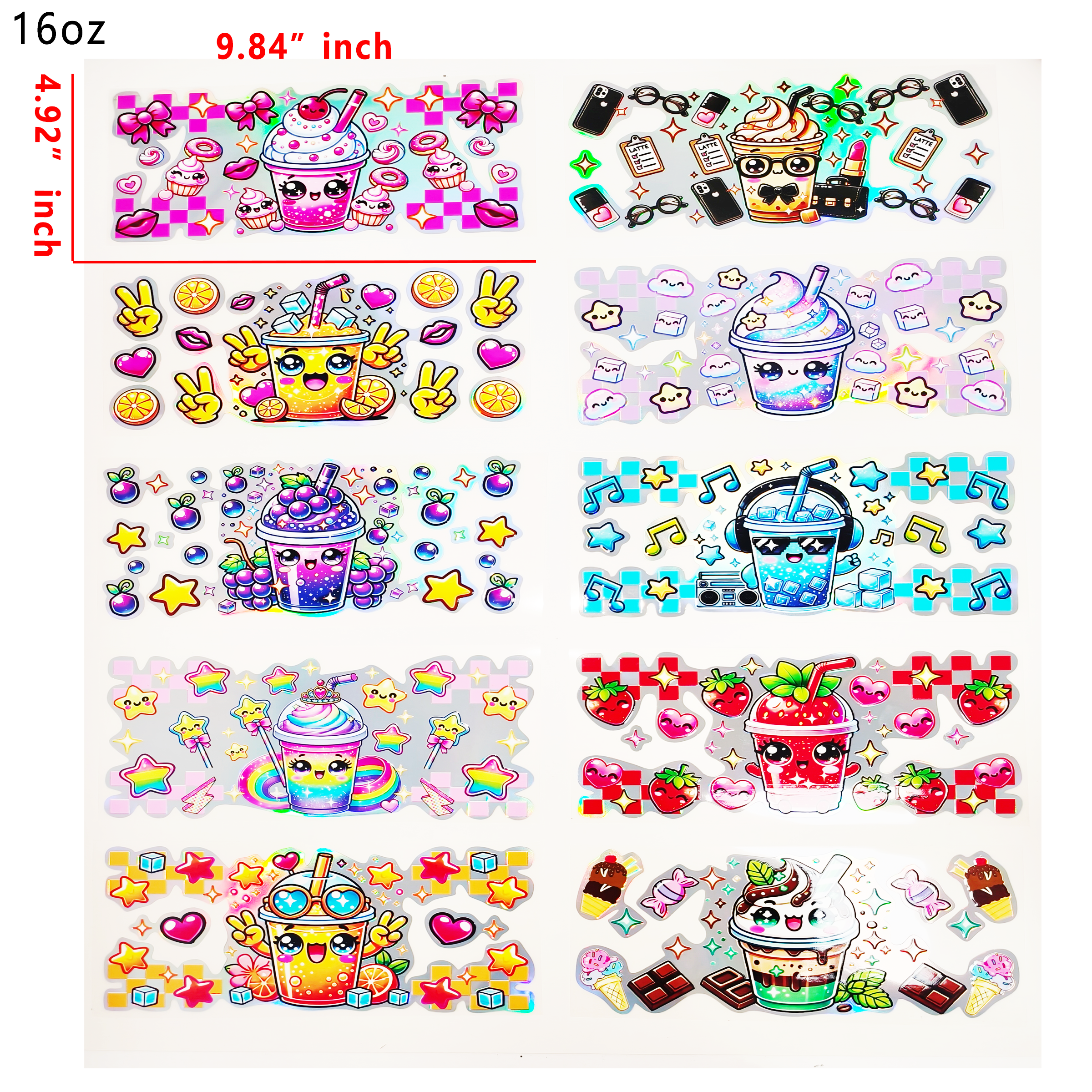 Holographic 10pcs Beverage Mix UV DTF Cup Wraps for 16OZ tumblers Waterproof Acrylic Wraps for Cups Glasses &Smooth Objects Vivid Colors Strong Adhesion CustomizableStickers Decal Sticker Art Crafts Kit