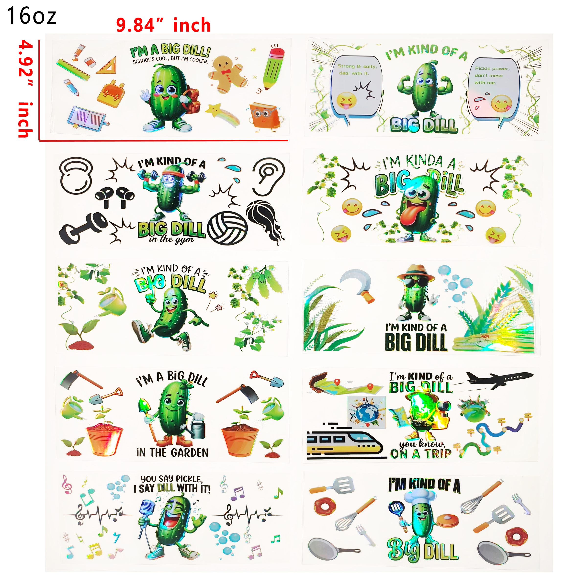 Holographic 10pcs Inspirational cucumber UV DTF Cup Wraps for 16OZ tumblers Waterproof Acrylic Wraps for Cups Glasses &Smooth Objects Vivid Colors Strong Adhesion CustomizableStickers Decal Sticker Art Crafts Kit