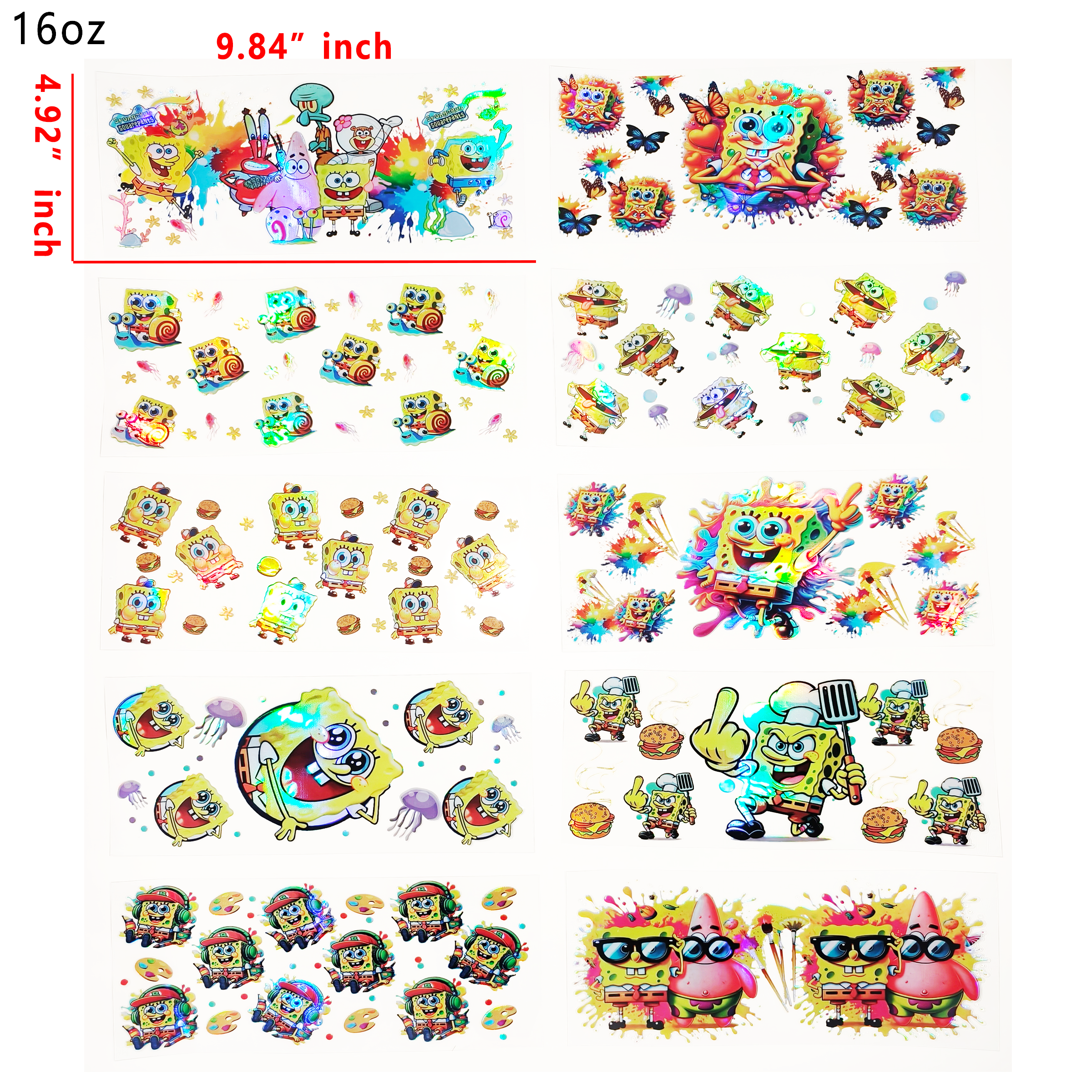 Holographic 10pcs Sponge bob UV DTF Cup Wraps for 16OZ tumblers Waterproof Acrylic Wraps for Cups Glasses &Smooth Objects Vivid Colors Strong Adhesion CustomizableStickers Decal Sticker Art Crafts Kit