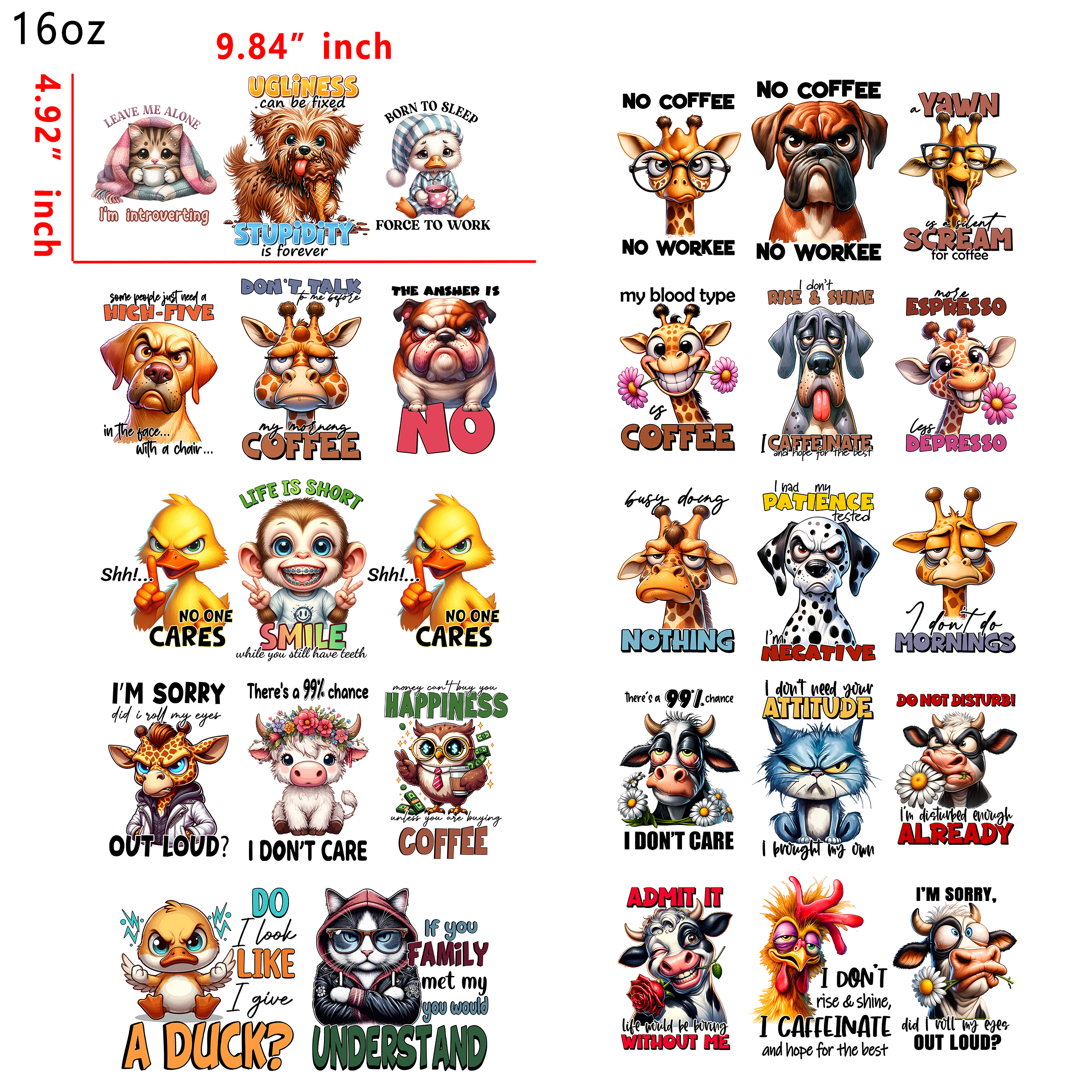 (X15) 20pcs funny animal 16OZ Tumbler Cup Wraps, Waterproof Fade-Resistant Decal Stickers, Vivid HD Print with Strong Adhesion, Customizable Transfers for Glass Cups, Mugs & Smooth Surfaces, DIY Art Craft Supplies