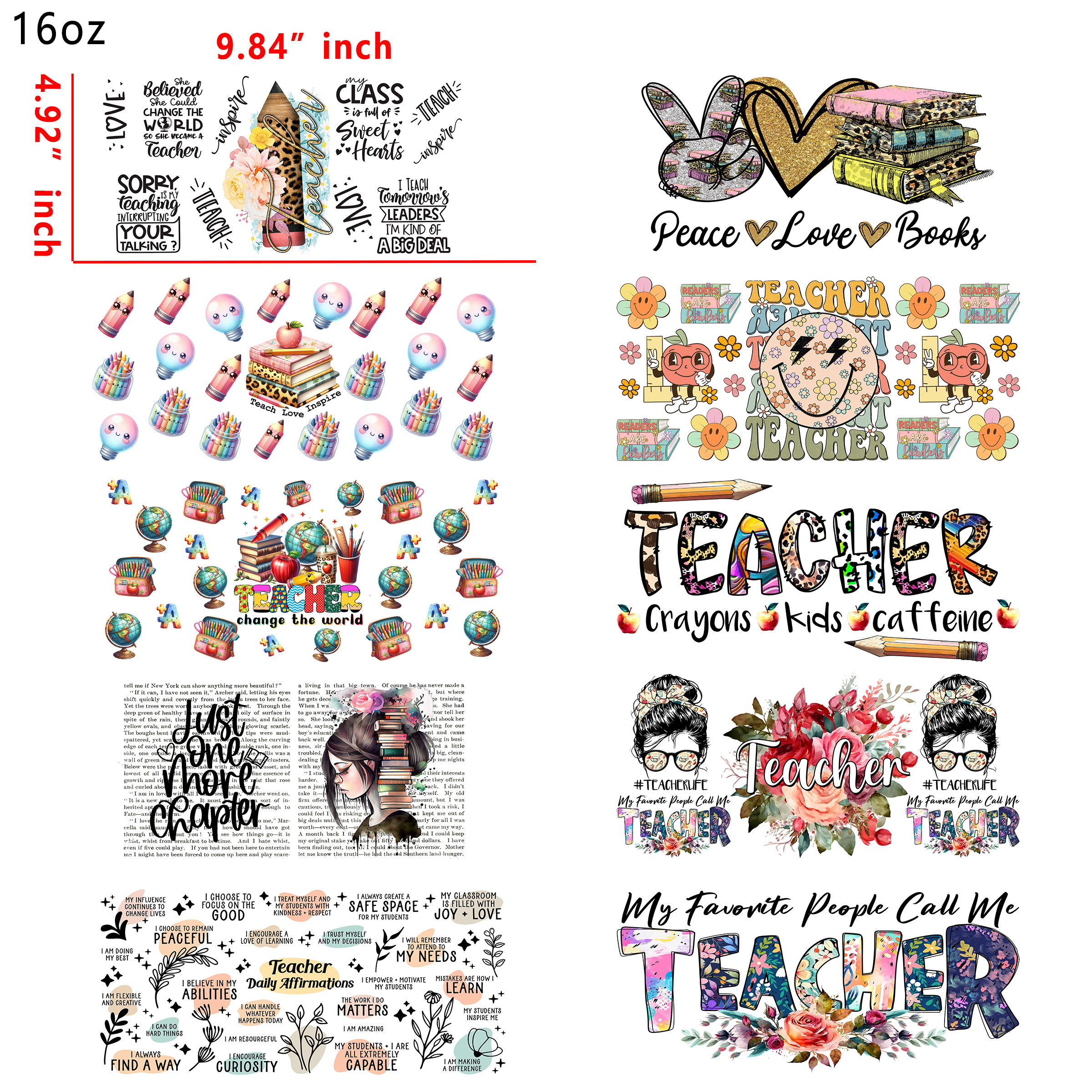 (X53) 20pcs teacher 16OZ Tumbler Cup Wraps, Waterproof Fade-Resistant Decal Stickers, Vivid HD Print with Strong Adhesion, Customizable Transfers for Glass Cups, Mugs & Smooth Surfaces, DIY Art Craft Supplies