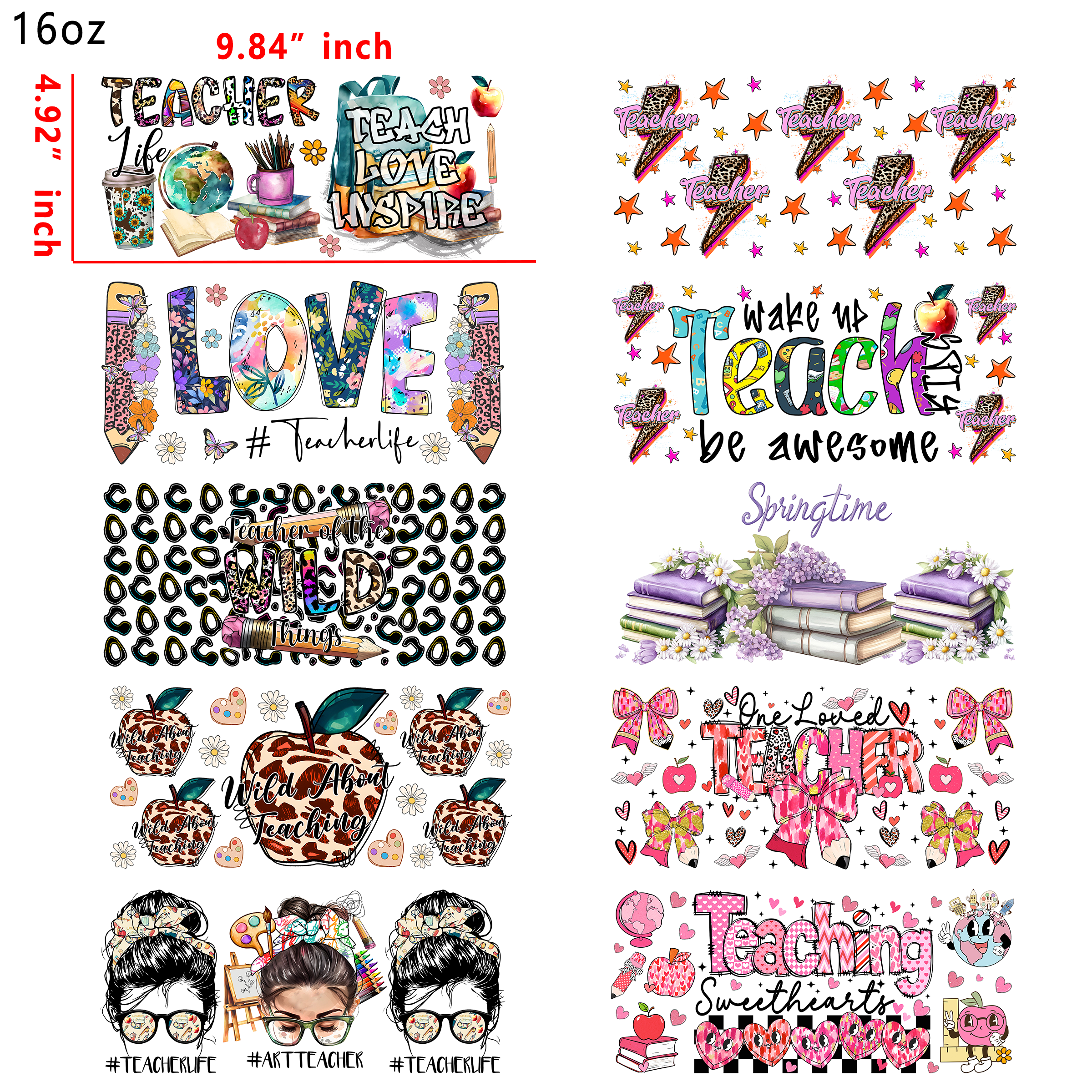 (X53) 20pcs teacher 16OZ Tumbler Cup Wraps, Waterproof Fade-Resistant Decal Stickers, Vivid HD Print with Strong Adhesion, Customizable Transfers for Glass Cups, Mugs & Smooth Surfaces, DIY Art Craft Supplies